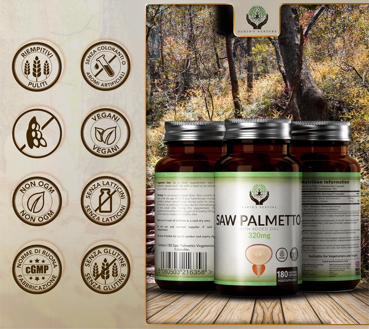 EN Saw Palmetto Prostata Integratore | 180 Serenoa Repens Capsules | ad Alto Dosaggio Estratto di Palmetto Saw 320mg con Zinco 15mg | Non-OGM, Senza Glutine e Allergeni | Prodotto nel Regno Unito