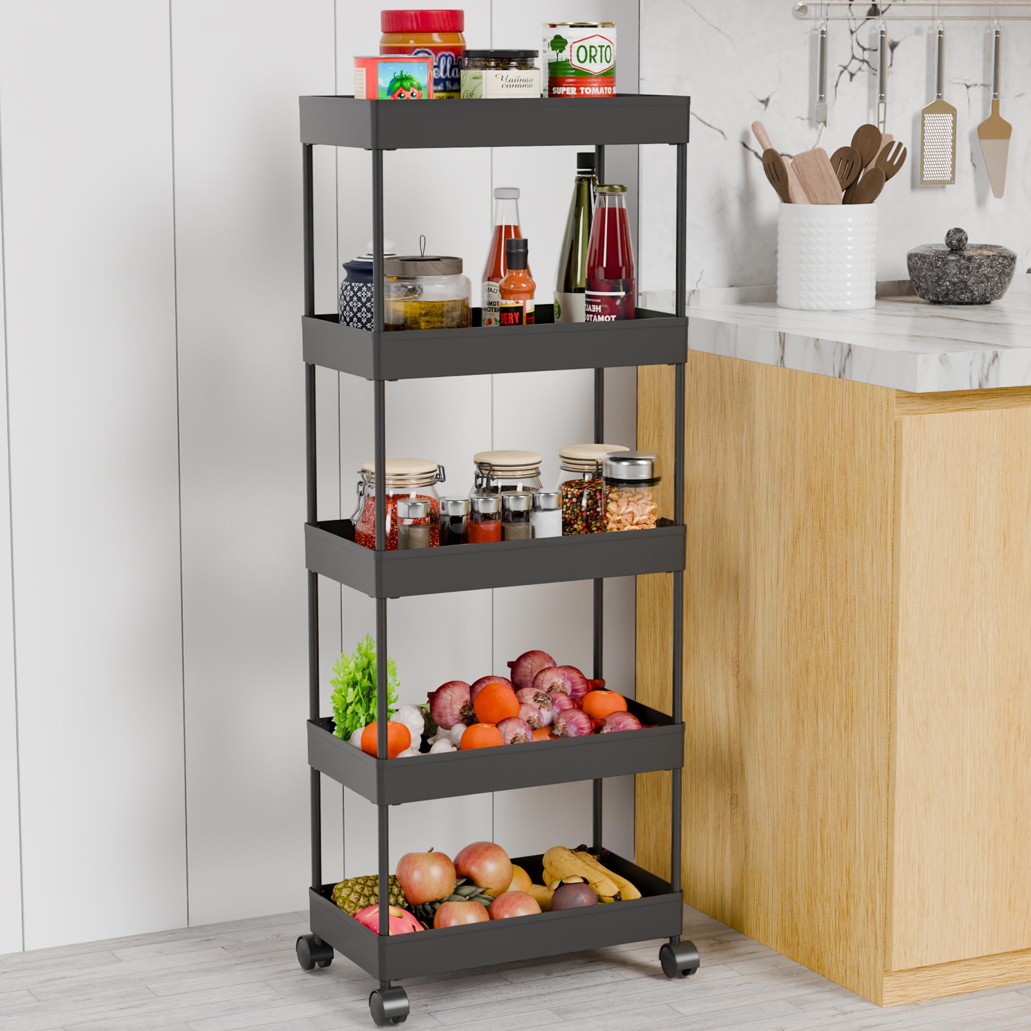 TEX-RO Plastic Storage Rack for Bedroom/Shelf for Bedroom/Bathroom Storage Rack/Trolley for Kitchen Storage/Multipurpose Storage Rack (Black, 5 Layer)