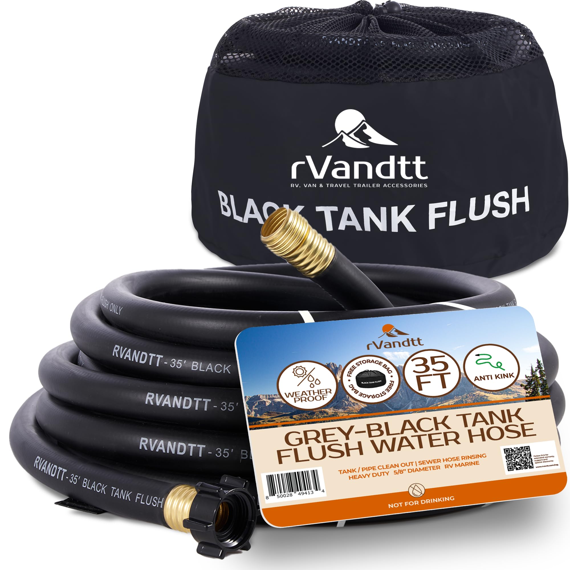 Grey Black Sanitation Water Hose - Durable RV Accessories with Storage Bag - Camper Water Hose No-Kink Design