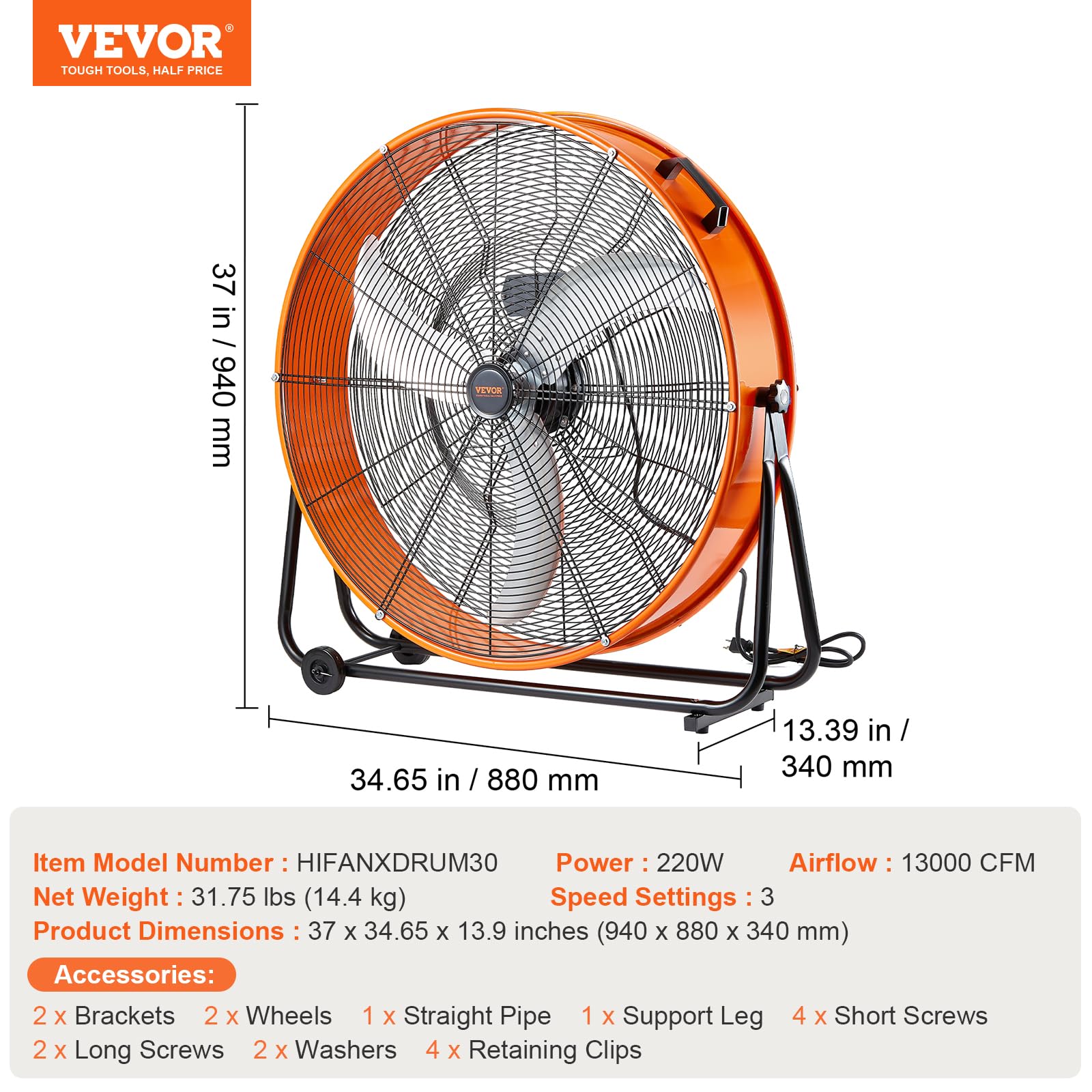 VEVOR Ventilatore a Tamburo, Ventilatore per Officina Industriale ad Alta Velocità 762 mm, 13000 CFM 3 Velocità con Inclinazione Regolabile a 360°, Ventilatore Industriale per Uso Commerciale
