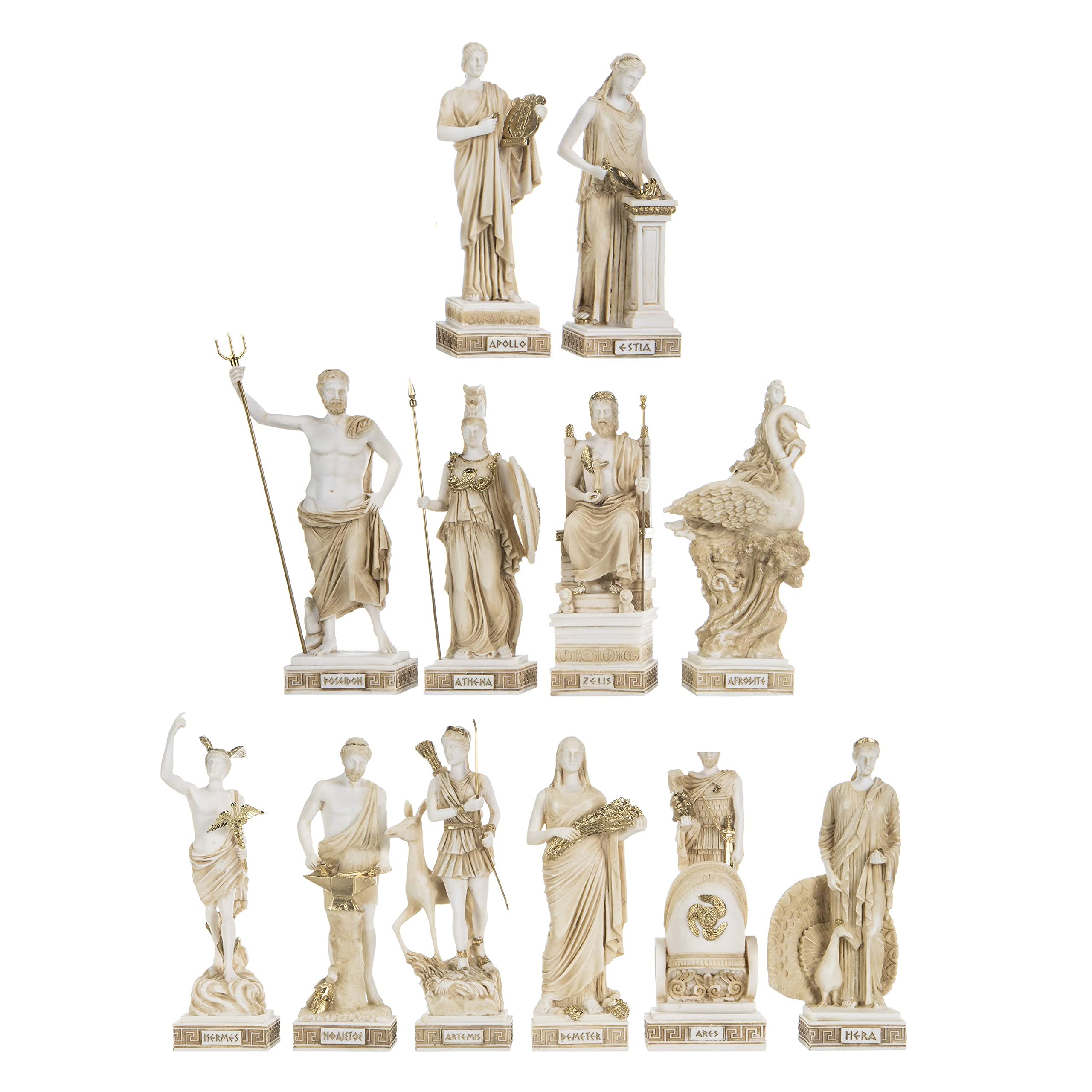Beautifulgreekstatues Gold Set All The 12 Olympian Gods Of Mount Olympus Tone Alabaster 10.4 Inches