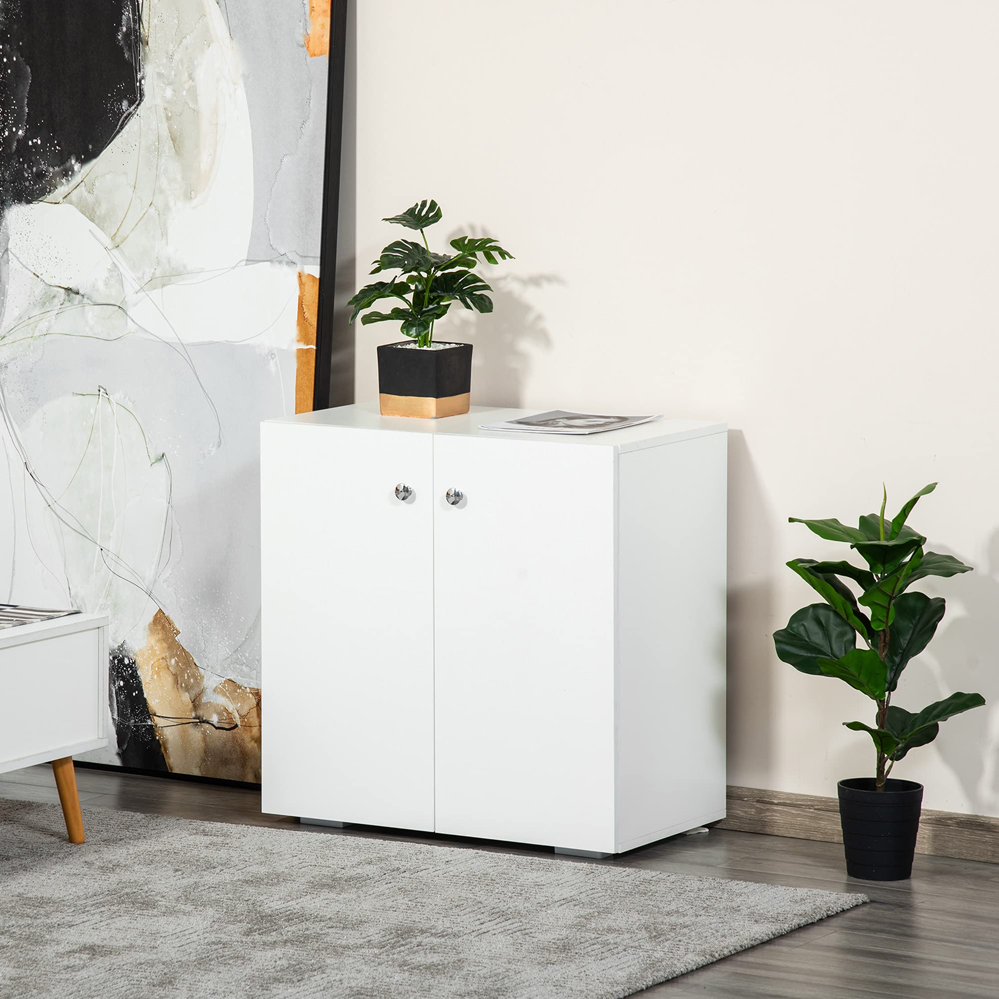 HOMCOM Aparador de Salón con 2 Puertas Armario Pequeño 70x39x70 cm Blanco | 2 Estantes, Libros Ropa Juguetes, Estilo Moderno, Armario Auxiliar