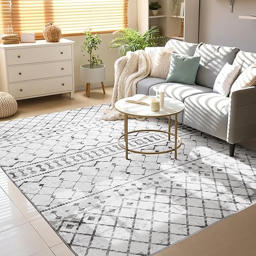 5x7 Area Rugs 5x7, Machine Washable Modern Area Rugs, Super Soft Faux-Wool Area Rugs for Living Room Bedroom Dining Room, Neutral Area Rug Geometric, Non-Slip Low Pile, Grey White