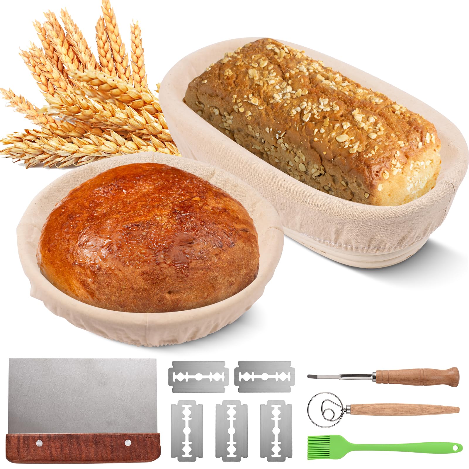 Tissting Brotgärkorb Set, 7 Pcs Gärkörbchen Für Sauerteig Set 24cm Rund 25cm Oval Rattan Sauerteig Gärkorb, Brot Backen Zubehör inkl Teigschaber, Rostmesser, Gärtuch Mehr