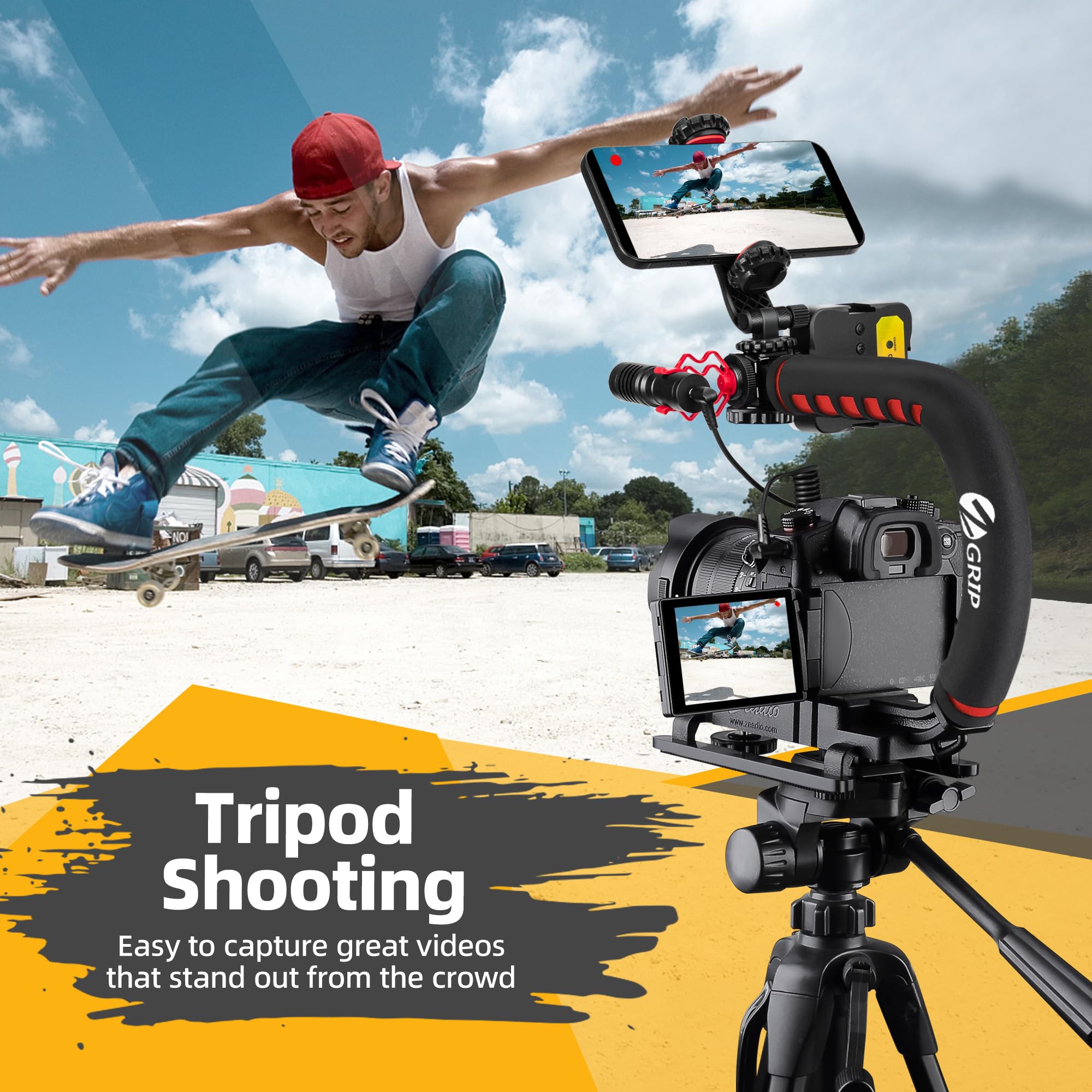 Zeaido Stabilisateur vidéo à Main, kit rig poignée caméra Tout-en-Un avec lumière vidéo LED dimmable, Microphone, Support téléphone, Adaptateur caméra d'action pour vlogging, Youtube, TikTok, etc