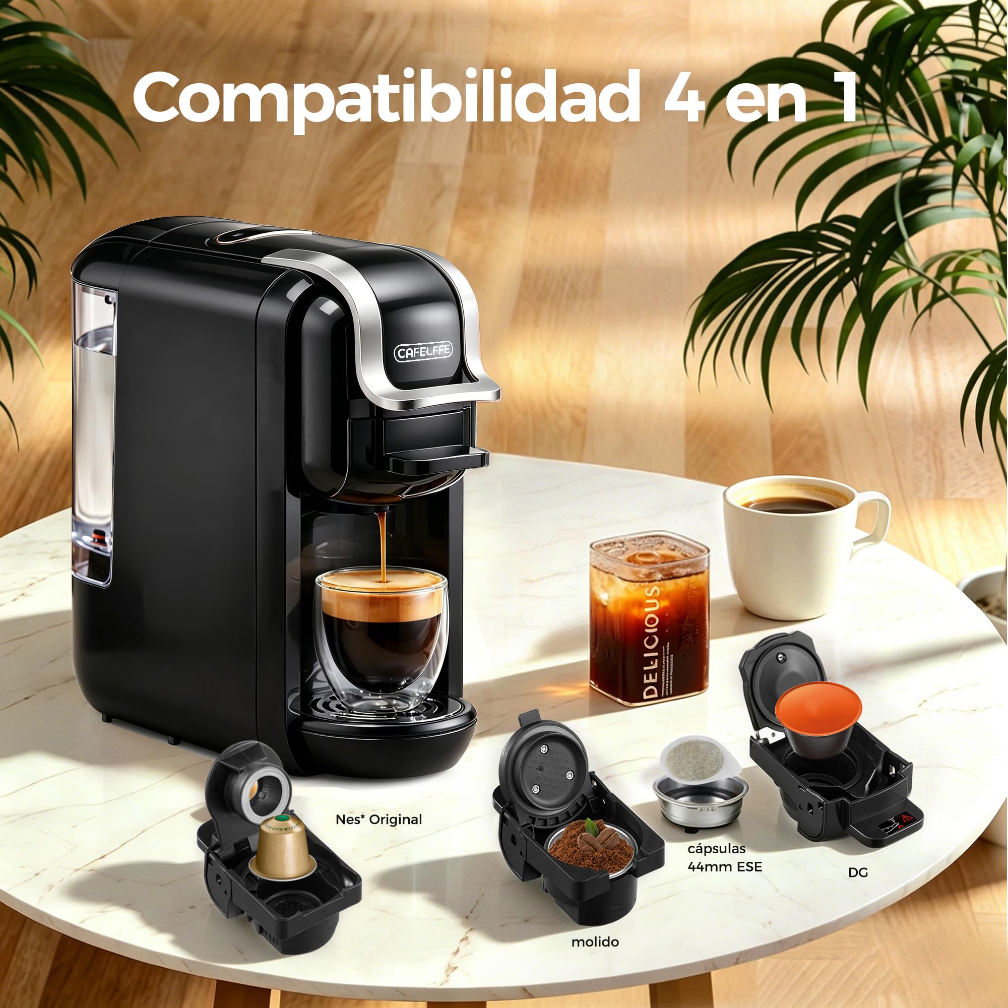 CAFELFFE MK-603 - Cafetera de cápsulas, máquina de café de espresso caliente / frío 4 en 1, compatible con cápsulas ESE, cápsulas Nes Original/DG y café molido, infusión rápida