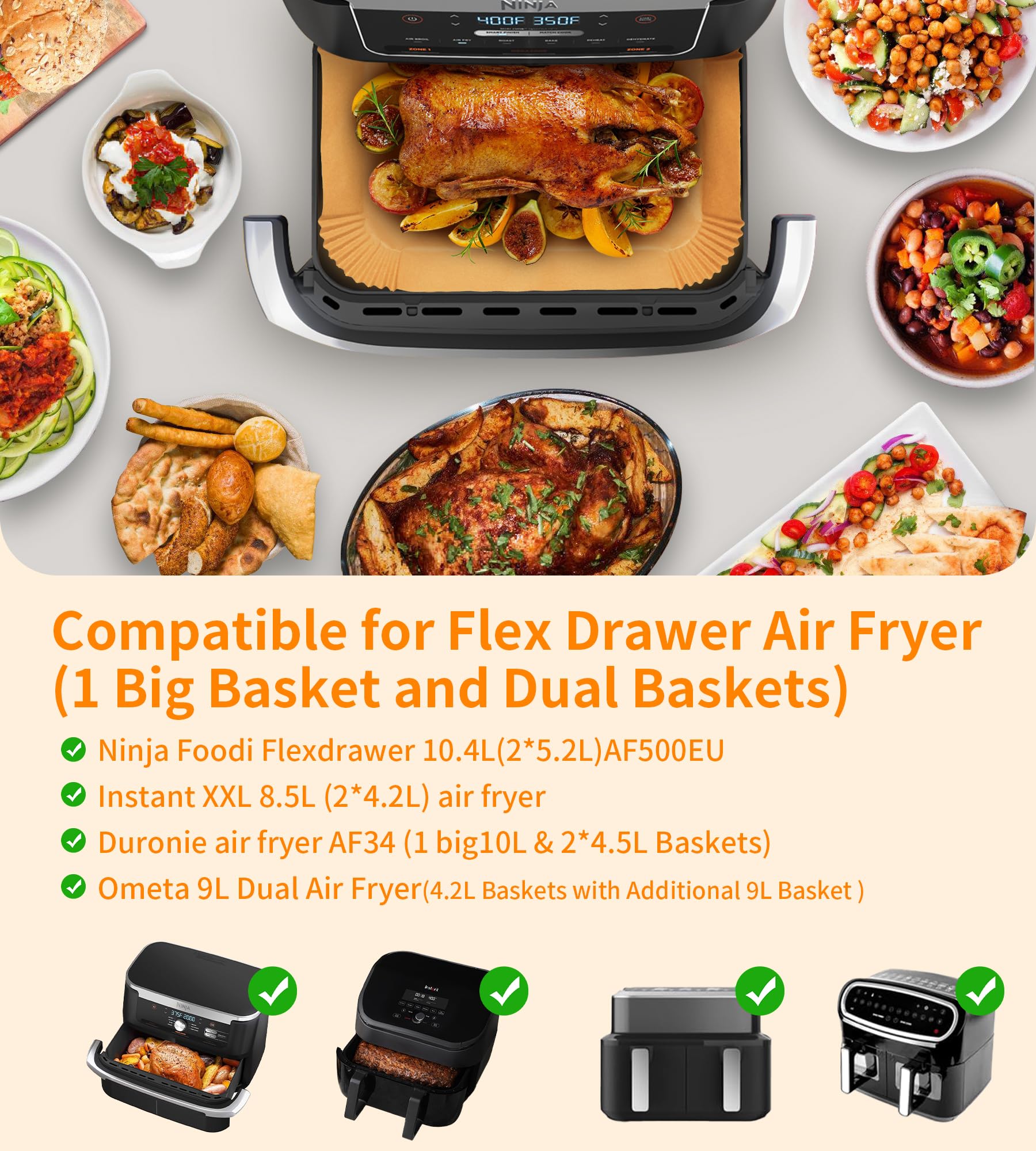 Carta Forno Per Ninja FlexDrawer AF500EU - 150 Pezzi, Rettangolare Antiaderente Per Airfryer