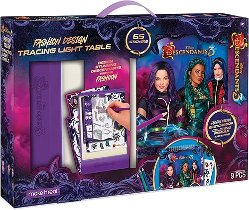 Make It Real Disney Descendants 3 - Mesa de luz de seguimiento de diseño moderno para niñas, juego de 9 piezas con cuaderno de bocetos, calcomanías,
