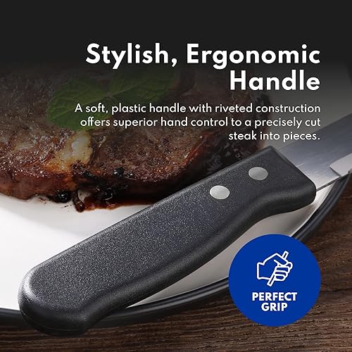 Miniatura 5 de New Star Foodservice 539014 Cuchillo para carne de 10 pulgadas, hoja dentada redondeada de 5 pulgadas con mango de plástico, Jumbo, juego de 12