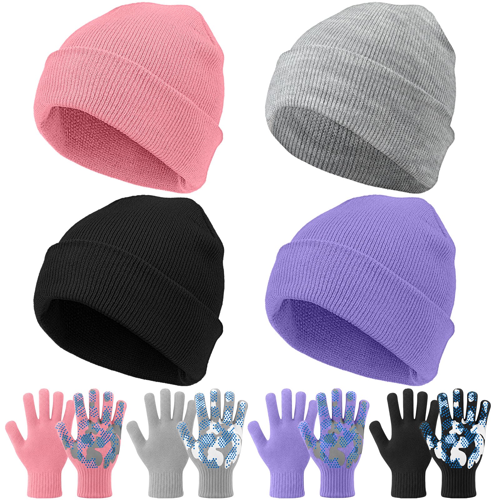 Evervibe 8 Pack Kids Beanie Hats and Gloves Set Knitted Beanies Hat Warm Stretch Gripper Gloves Winter Hats for Boys Girls