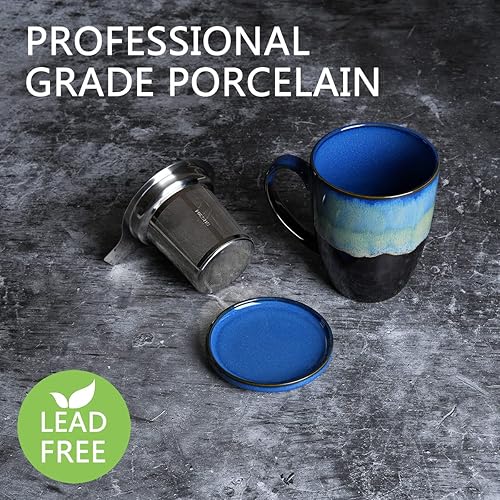 Miniatura 3 de Bosmarlin Taza de té de cerámica con infusor y tapa, 13.5 onzas, 4 colores a elegir, apta para lavavajillas y microondas, esmalte reactivo, taza de