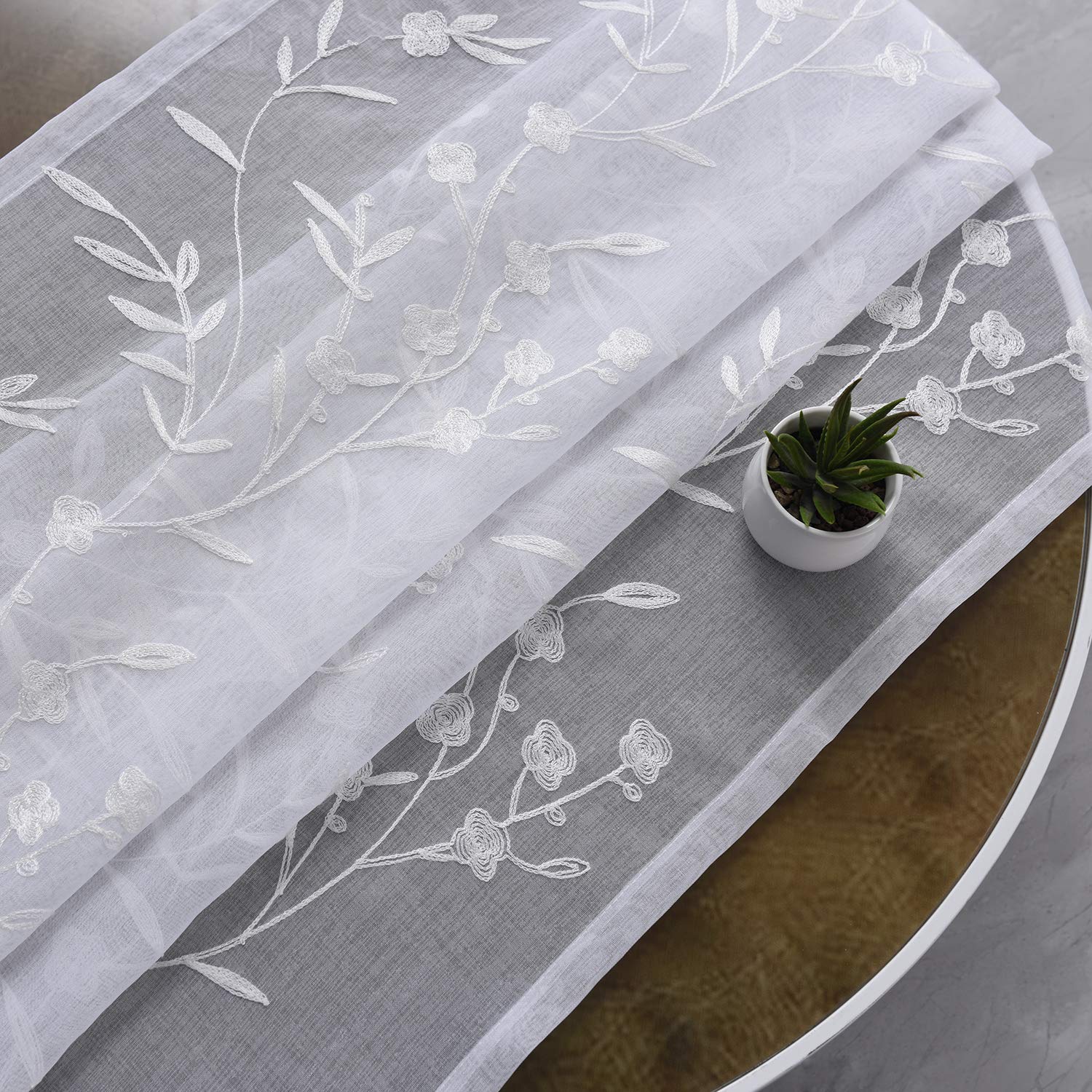 Cortinas traslúcidas bordadas blancas de 95 pulgadas, tratamiento de ventana con patrón floral, cortinas con bolsillo para barra para sala de estar, dormitorio, paneles de cortina de semi gasa para 7