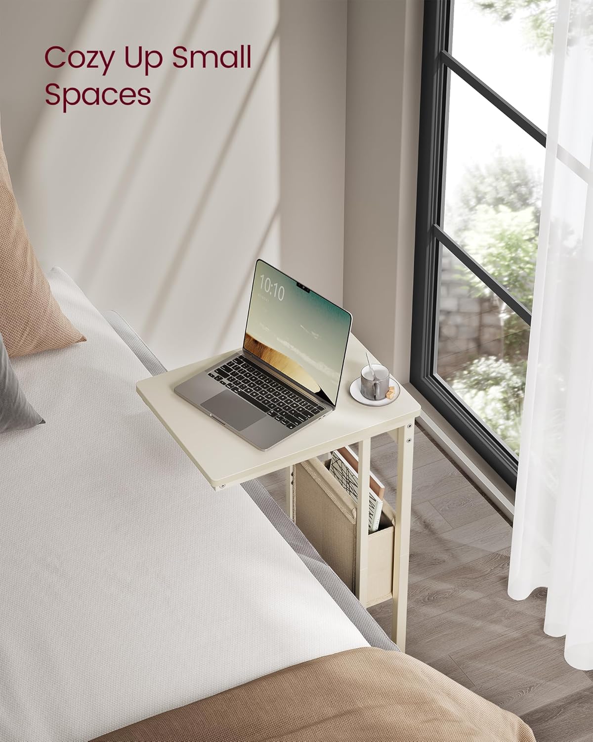 VASAGLE C-Shaped Side Table, End Table for Small Spaces, for Couch, Sofa, with Fabric Storage Bag, Includes Adjustable Feet and Swivel Casters for Bedroom, Living Room, Cream White ULET357W77 - Image 4