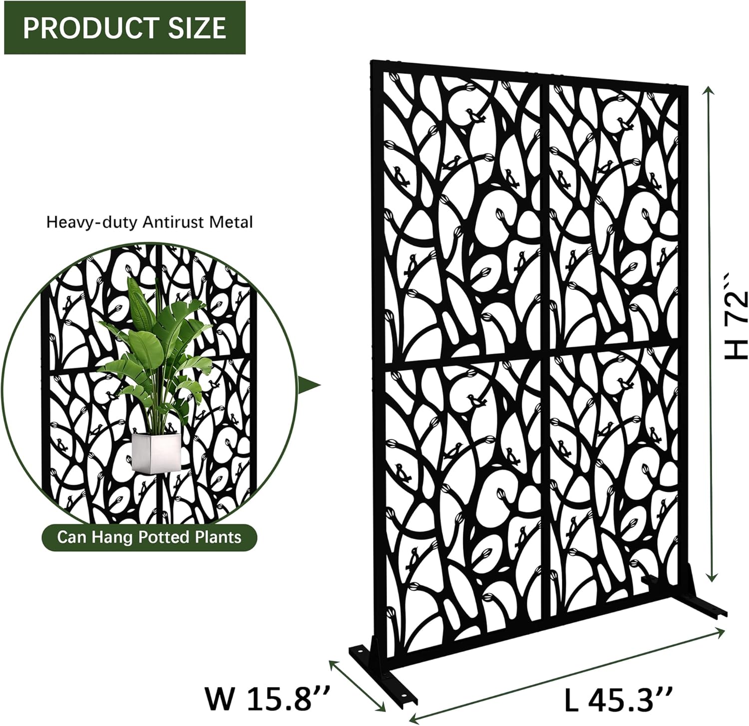 Metal Privacy Screen Outdoor W3.8Ft x H 6Ft Patio Privacy Panels Free Standing Divider Decorative for Balcony Garden Room Lawn Deck (1, Black Bird)