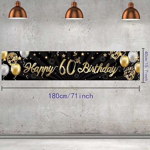Vista 2 de Cartel de feliz cumpleaños 60 para hombres y mujeres, letrero negro y dorado con purpurina de 60 años, suministros de decoración de fiesta