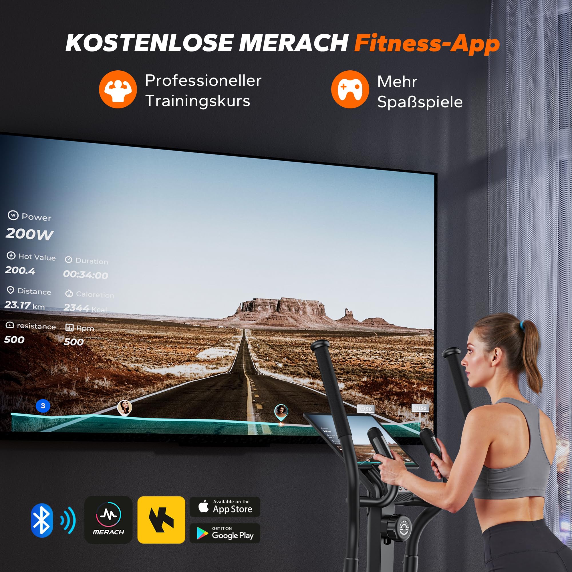 MERACH Selbstbetriebener Crosstrainer für Zuhause, 42 cm Schrittlänge, Ultraleiser Ellipsentrainer mit Magnetwiderstand, 16 Widerstandsstufen, Bluetooth, App & Pulssensor, bis 150 kg