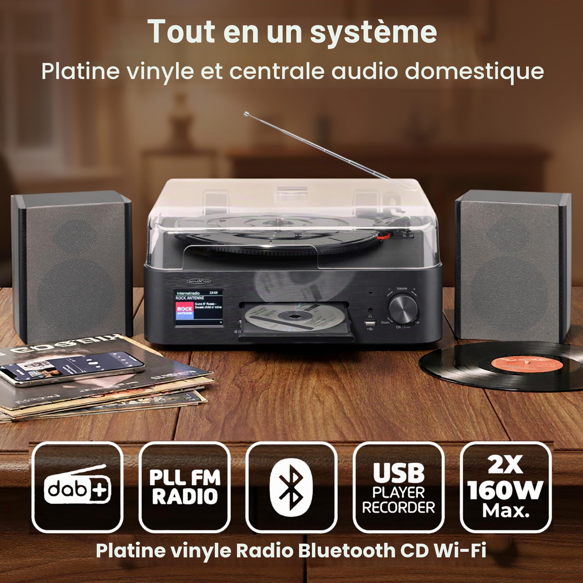 Reflexion HIF2082DAB Platine Disque rétro avec Haut-Parleur et Bluetooth | Système de Musique avec Dab+, CD, FM, Enregistrement MP3 USB, écran Couleur, réveil et minuterie de Mise en Veille – Kit