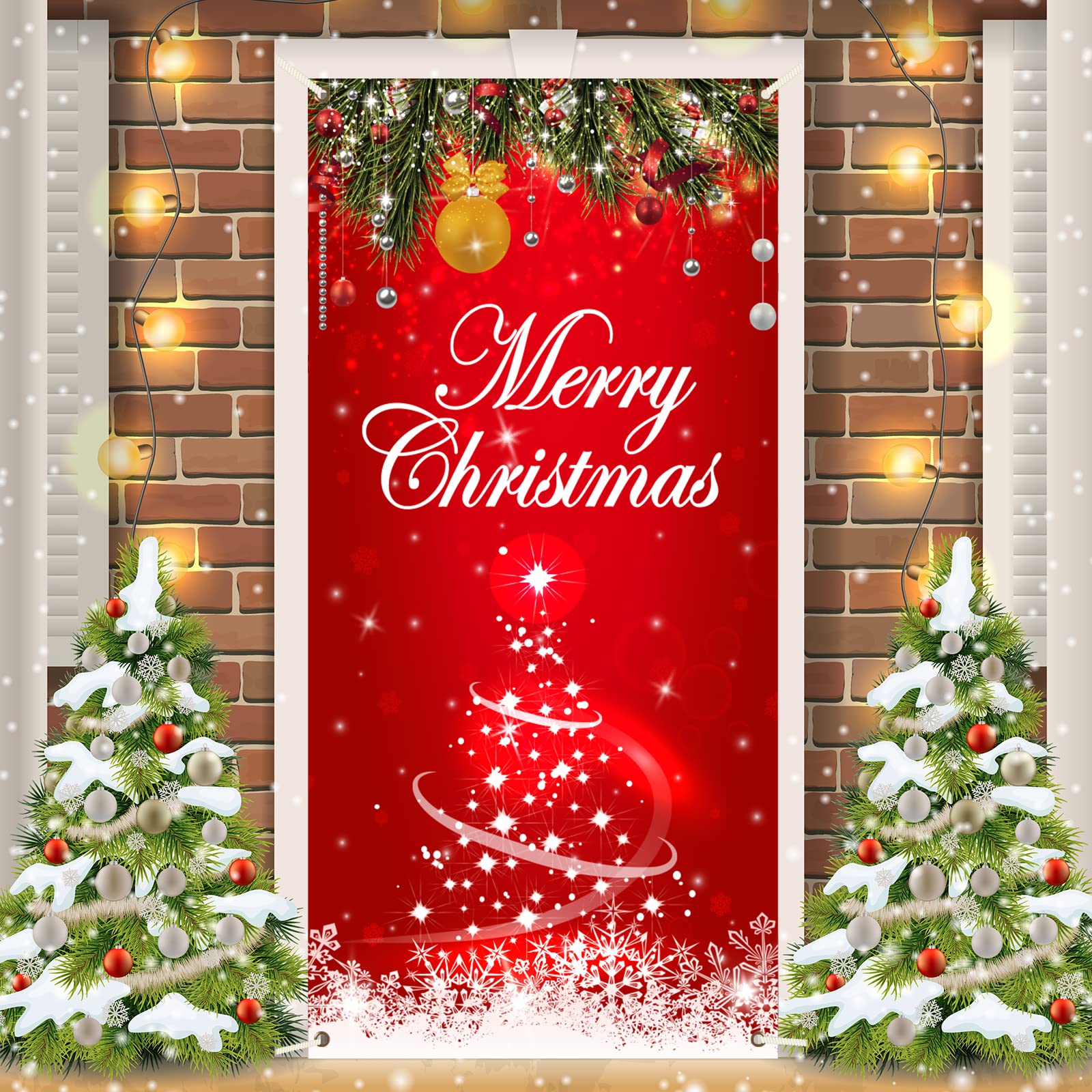 Merry Christmas Door Cover Red Xmas Backdrop Door Banner Santa Claus Merry Christmas Decorations Photography Background for Winter Party Holiday Xmas Eve Party Photo Booth Prop Supplies