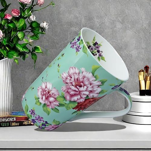 Miniatura 7 de Tazas de café lindas de 13 onzas para mujer, tazas de café con diseño floral de porcelana de hueso, tazas de té para mamá, mujeres, regalos de