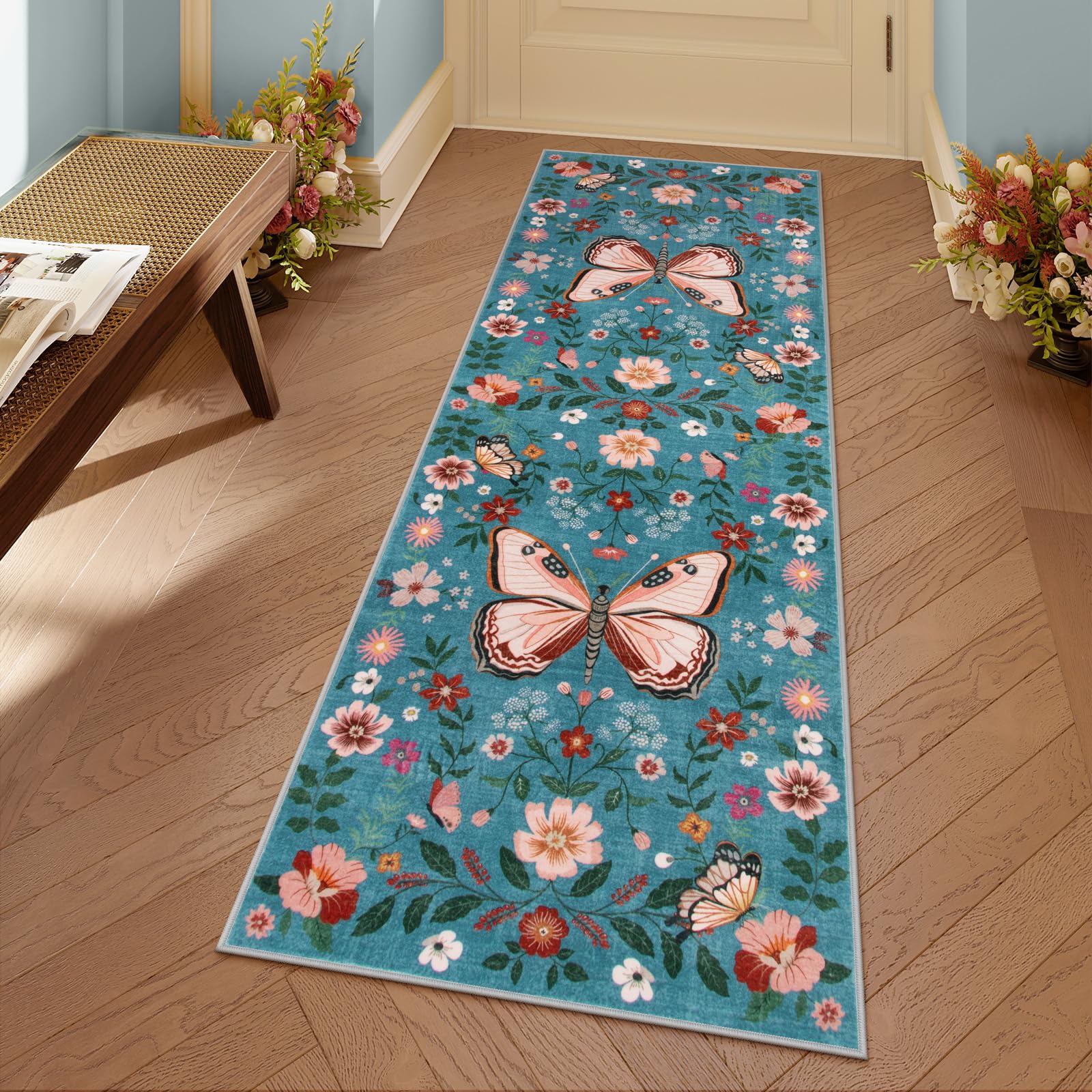 Lahome Blue Floral Hallway Runner Rug, 2x6 Boho Butterfly Kitchen Rugs Non Skid Washable Runner Rug, Low Pile Insect Soft Carpet Runners for Bedroom
