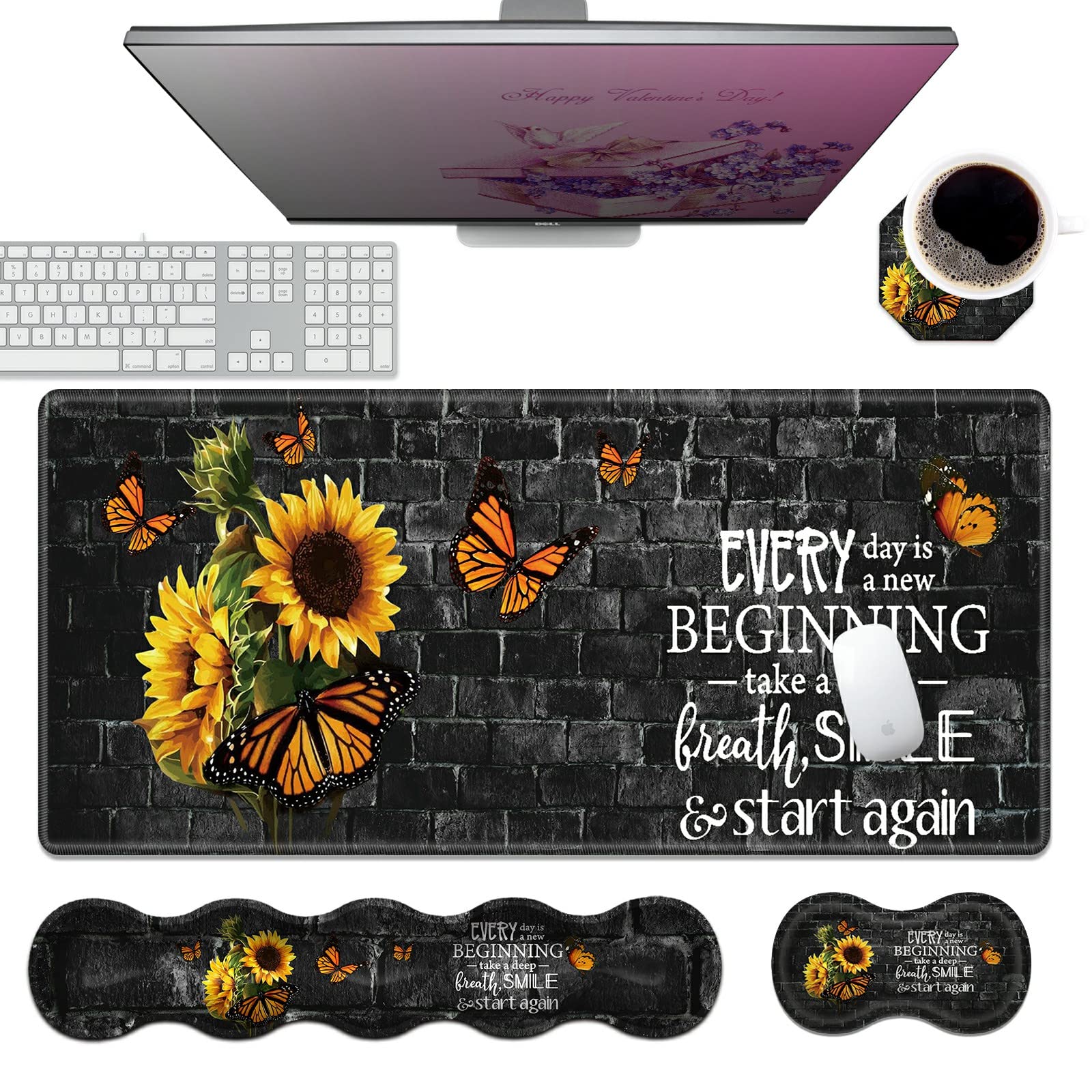 Großes Mauspad, Handgelenkauflage, 4-teiliges Set, erweitertes Gaming-Mauspad + Tastatur-Handgelenkauflage + Handgelenkauflagekissen + Untersetzer, rutschfeste Gummiunterseite, Schreibtischunterlage