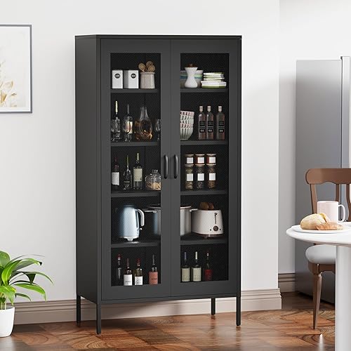 Miniatura 5 de COFaR Gabinete de metal negro, armario de almacenamiento de armario de metal con puertas y estantes de malla, gabinete de oficina de 3 niveles,