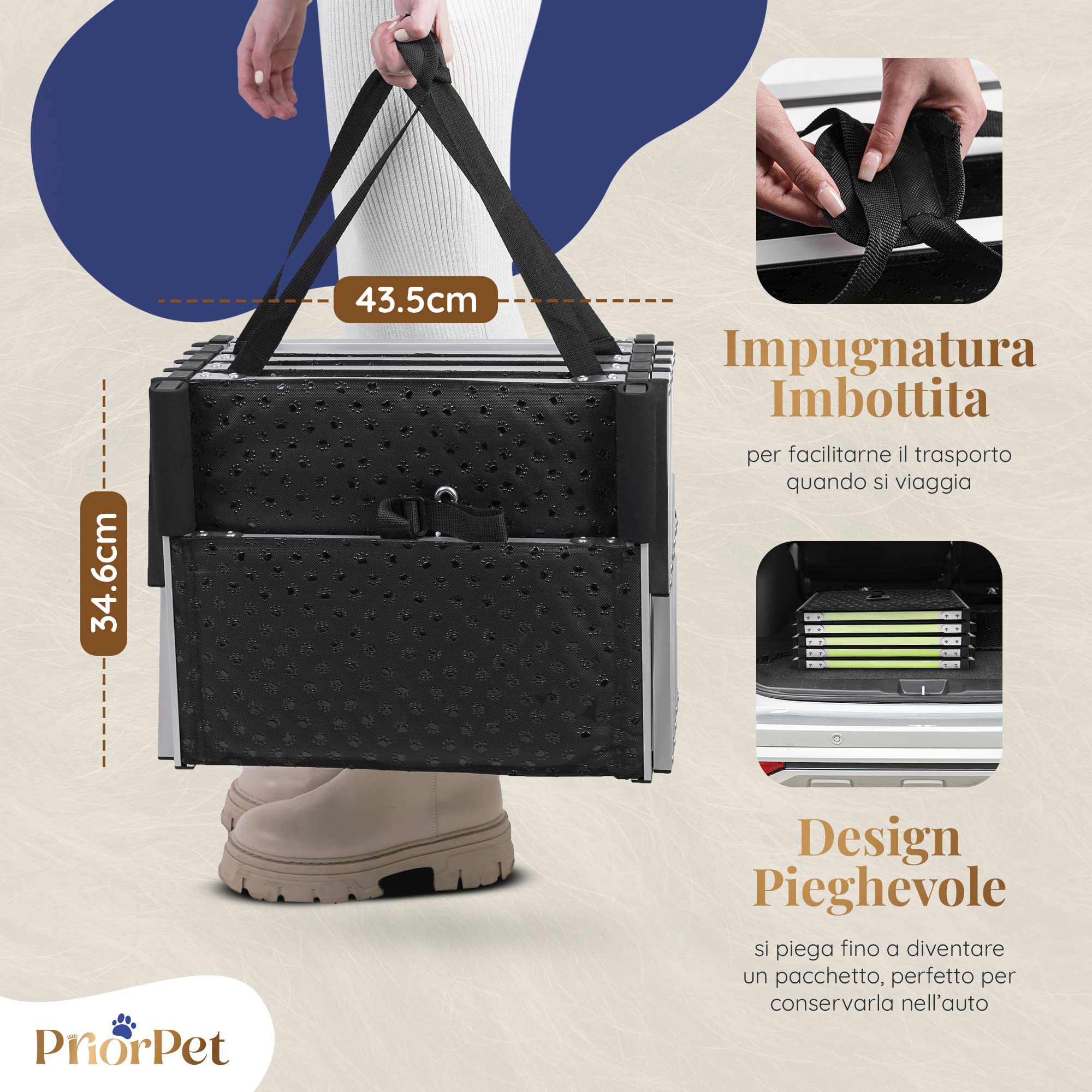 Rampa per Cani PRIORPET Pieghevole Fino a 77 KG Antiscivolo Riflettente 5 Gradini