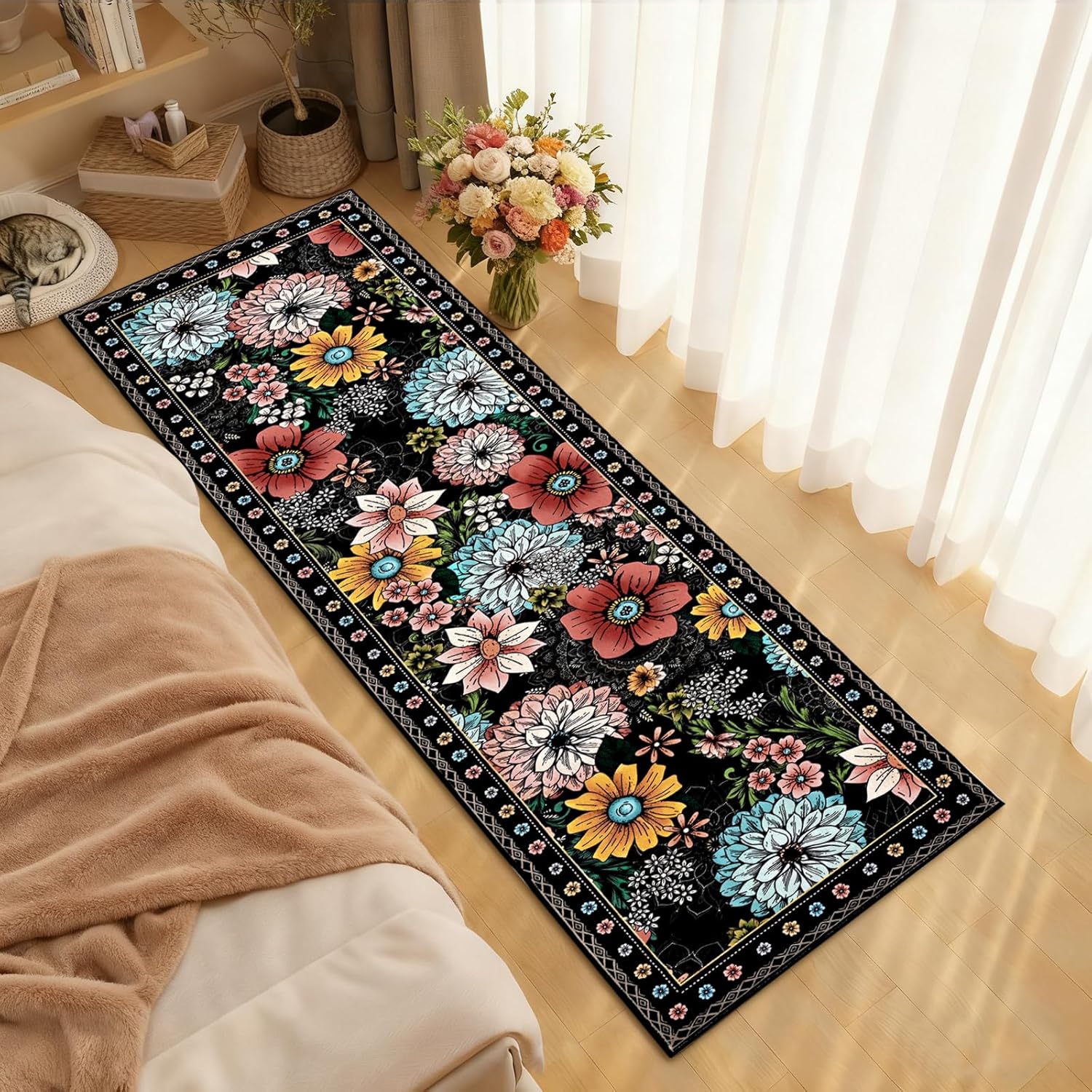 Yinhua Runner Rug Washable Boho Floral Rugs for Hallway, Black Runner Rugs 2x7'3 Non Slip, Soft Low Pile Kitchen Runner Rug for Hallways, Kitchen, Bedroom, Laundry, Black