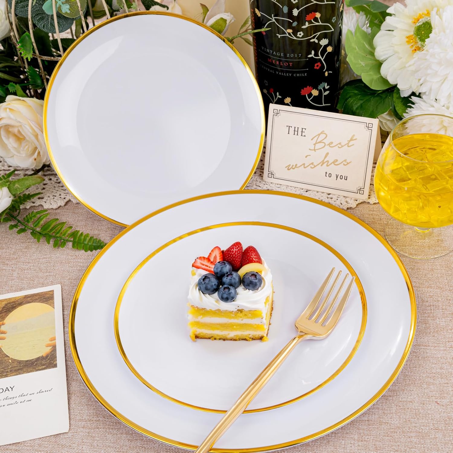 LIYH 60 Pcs Gold Plastic Plates Disposable - White Plastic Plates for Party/Weddings Include 30 White Gold Rim Dinner Plate 10.25" & 30 Dessert Plate 7.5 "