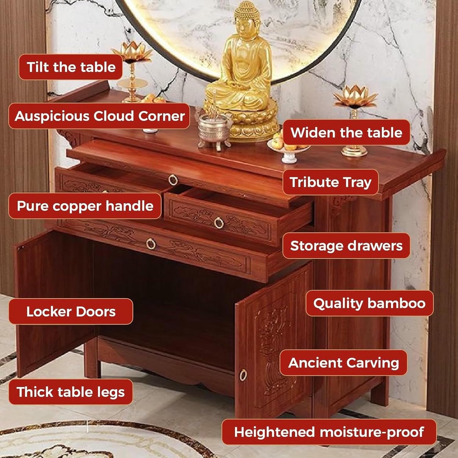 Bamboo Altar Table with Storage, Pooja Cabinet, Meditation Table with Storage Space, Chinese Cabinet Pedestal Offering Table,Buddhist Altar for Living Room, Small Spaces