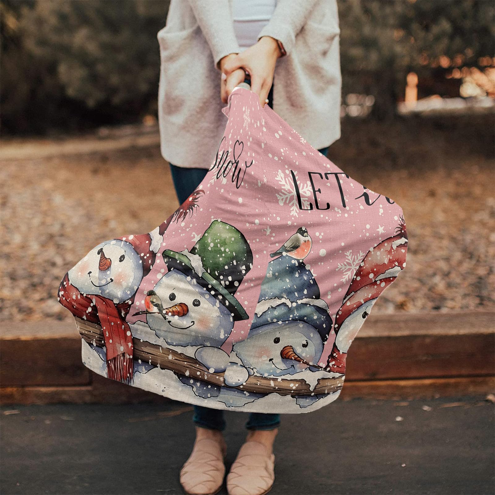 Nursing Cover for Breastfeeding Scarf, Merry Christmas Snowman Pink Bird Baby Car Covers Super Soft Multi Use for Canopy Shopping Cart Cover Blanket Stroller Cover