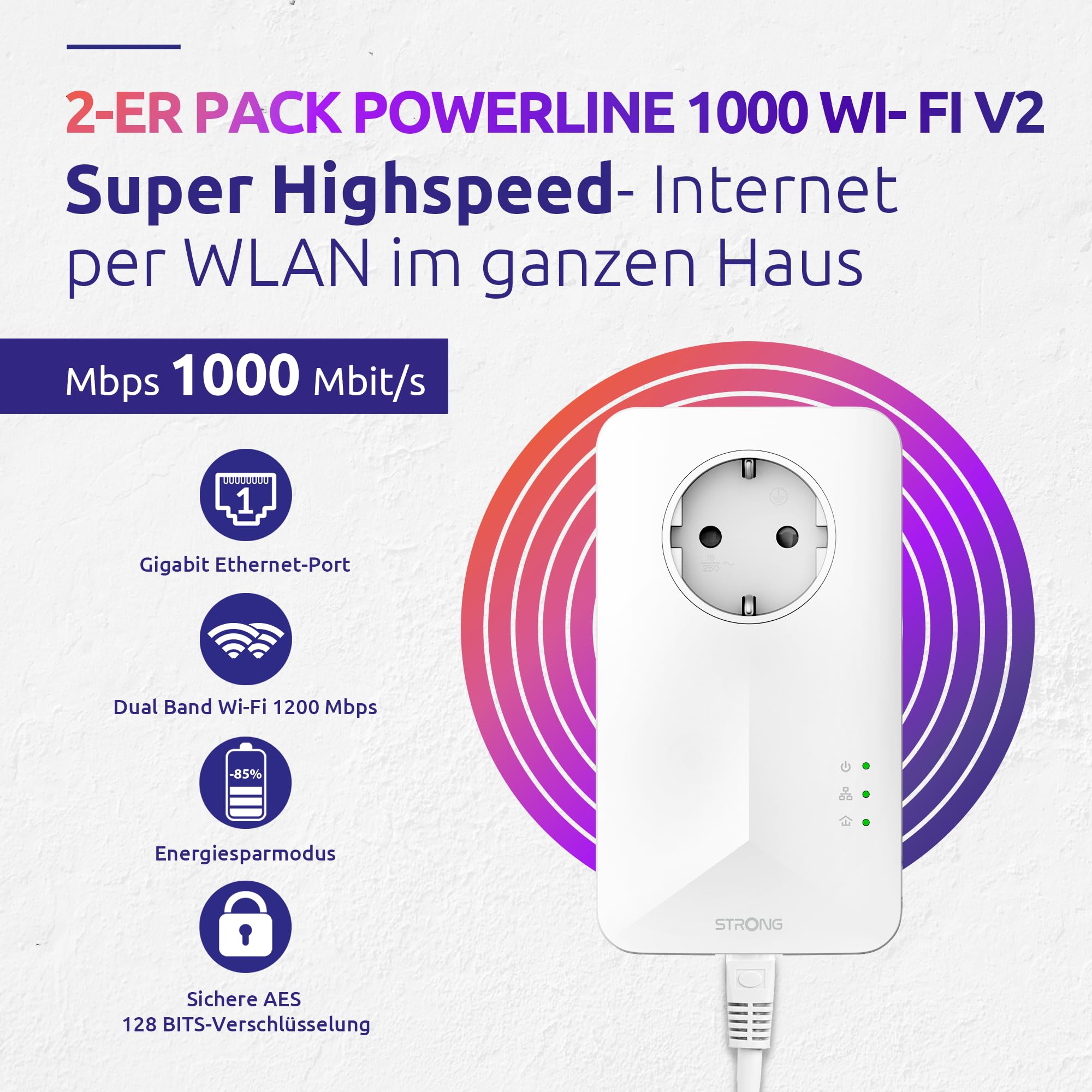 STRONG - Powerline 1000 Duo Wi-Fi EU Set - Powerline 1000 Mbps + WLAN Adapter 1200 Mbps, Fast-Internetzugang - integrierte Steckdose - 300 m Reichweite - Für alle Router - Hotspot + Ethernet - weiß