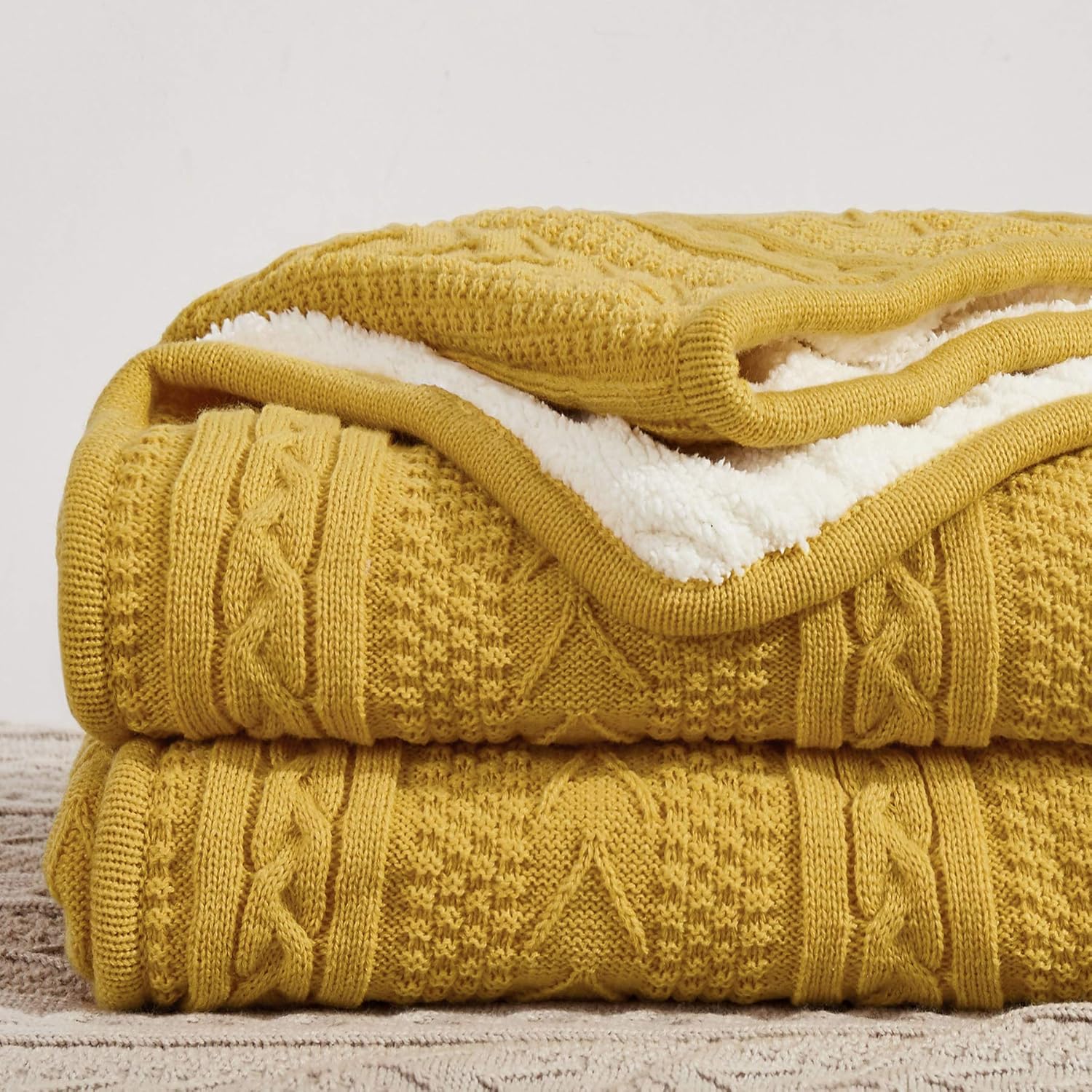 Longhui bedding Mustard Yellow Sherpa Throw Blanket Thick, Soft, Big