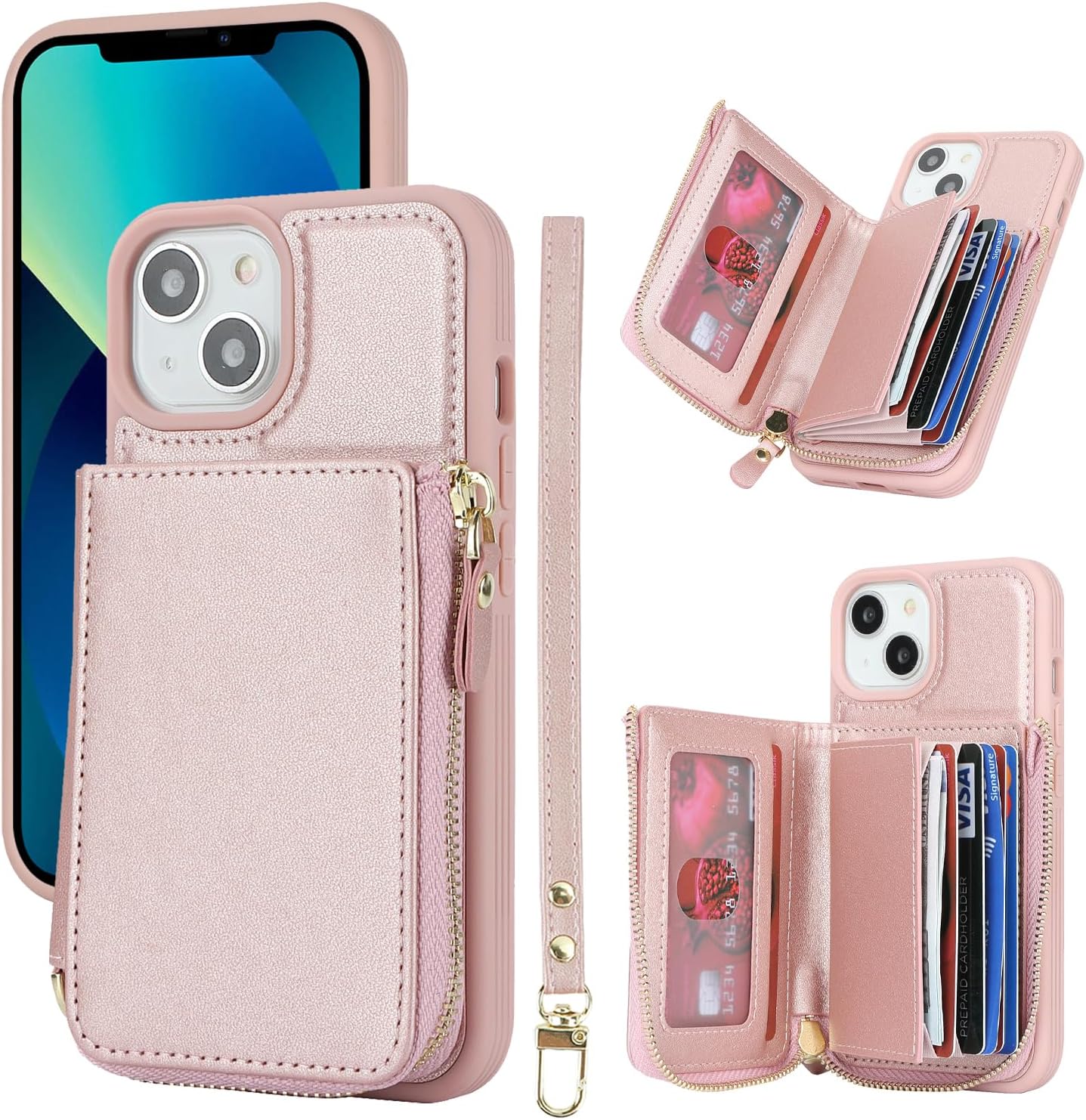 Funda para iPhone 14 Plus con tarjetero para iPhone 14 Plus, funda tipo cartera para mujer, funda con cremallera y cordón para bolsillo para