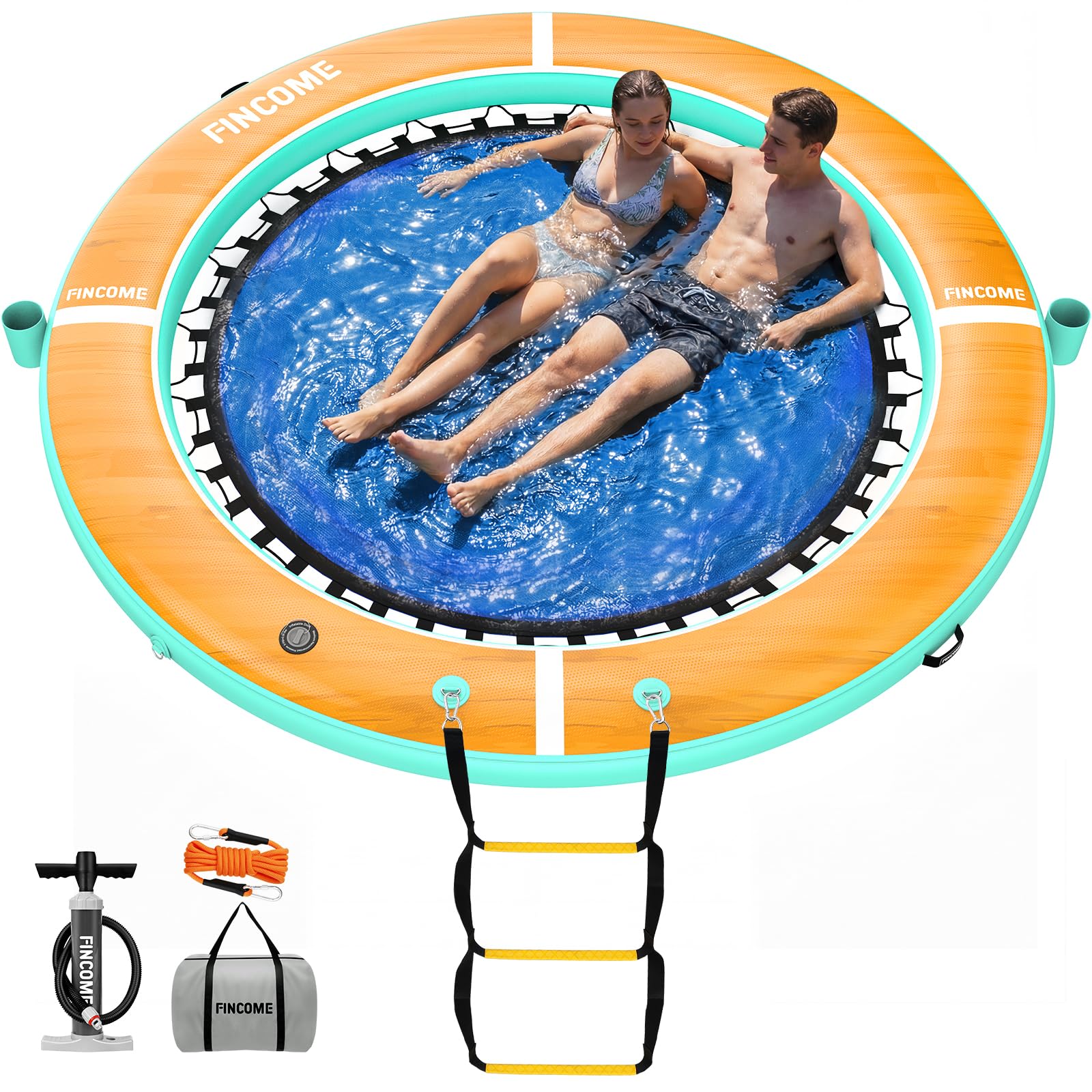 Inflatable Water Hammock Floating Dock, 10/8/6FT Round Floating Ring with Water Ladder and Cup Holder, Inflatable Dock Floating Platform Island Raft