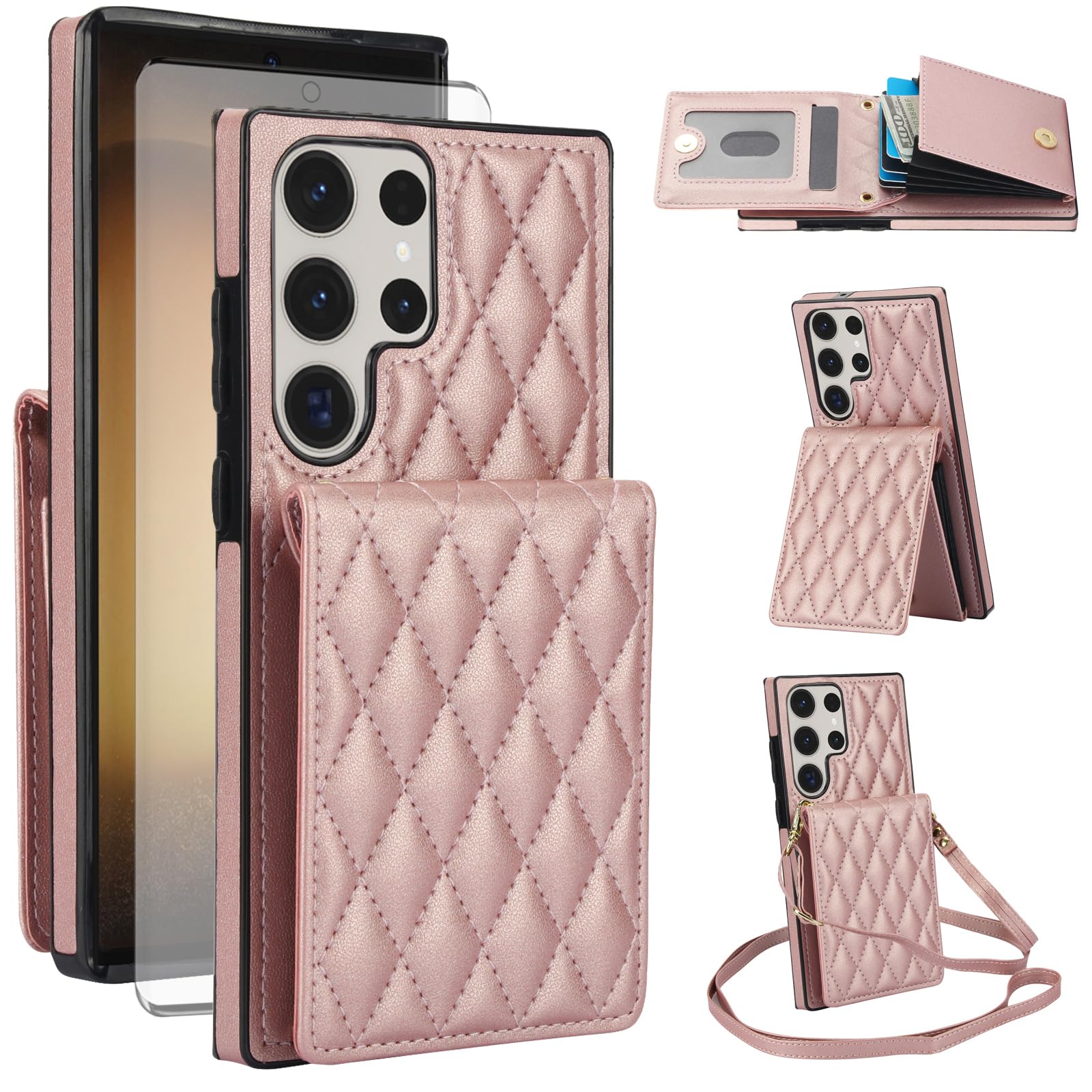 Phone Case for Samsung Galaxy S23 Ultra 5G Wallet Cover with Screen Protector Credit Slot Card Holder Crossbody Strap Stand RFID Blocking S23Ultra 23S