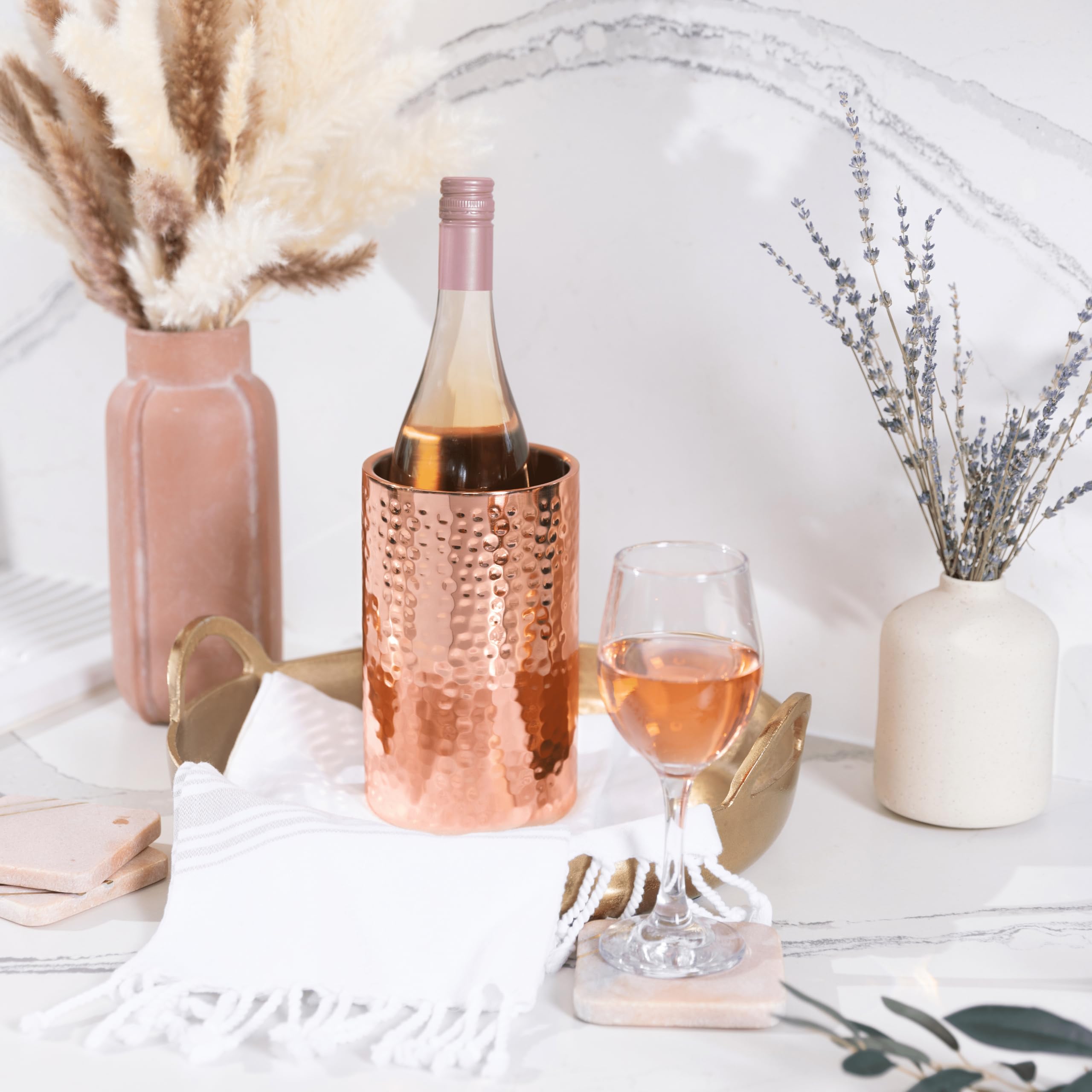 Hammered Rose Gold Single Bottle Wine Chiller - Copper Double-Walled Insulated Wine Cooler - Wine Bucket Chiller for Parties - Insulated Bucket Champagne Chiller, Stylish Bar Cart Accessories