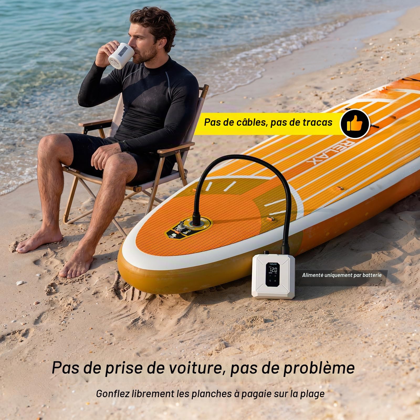 TOPUMP Pompe Électrique pour Paddle sans Fil 20PSI à Batterie | Portable, Rechargeable, gonflage rapide, deux étages, gonflage et dégonflage, arrêt automatique, 7 buses, pour SUP, kayak