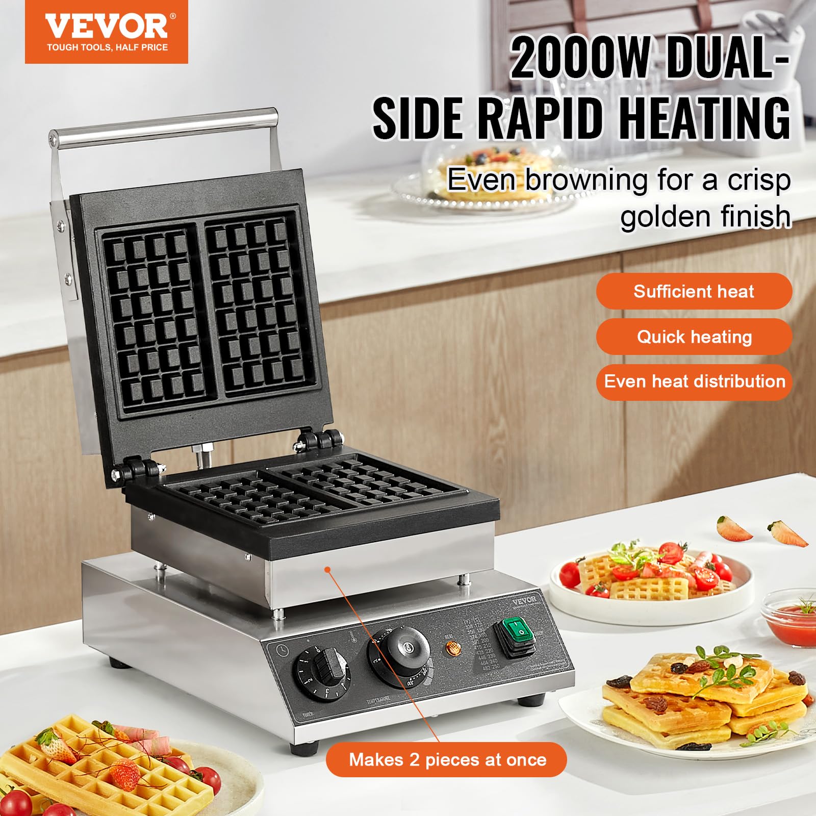VEVOR Gaufrier Commercial 2000 W, Appareil à Gaufres Belges Rectangulaires Capacité 2PCs, en Acier Inoxydable, Antiadhésif, avec Contrôle de la Température et du Temps, Boulangerie, Snack-bar