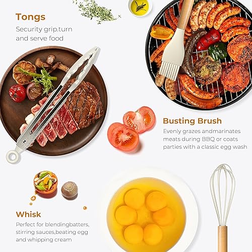 Miniatura 7 de Juego de utensilios de cocina de silicona, 11 unidades, sin BPA y no tóxico, resistente al calor de 446 F, mango de madera, herramientas de cocina