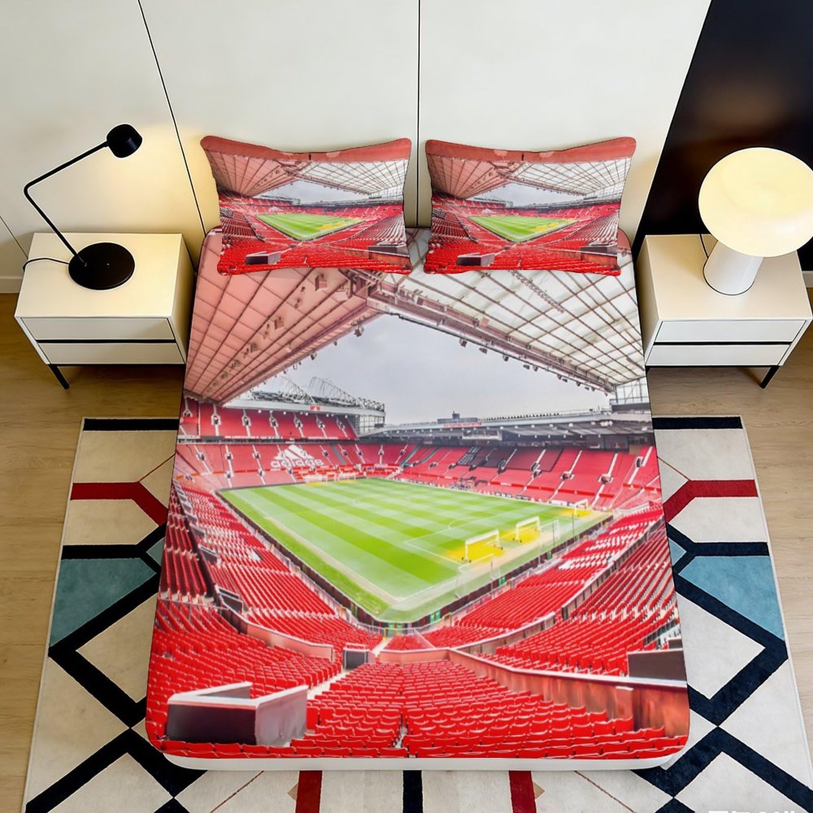 3D Printed Red Stadium Fitted Sheet Microfiber Soft Breathable Soccer Field Bed Cover for Bedroom Dormitory Guest Room Mattress Protection Decor 120x200x25cm