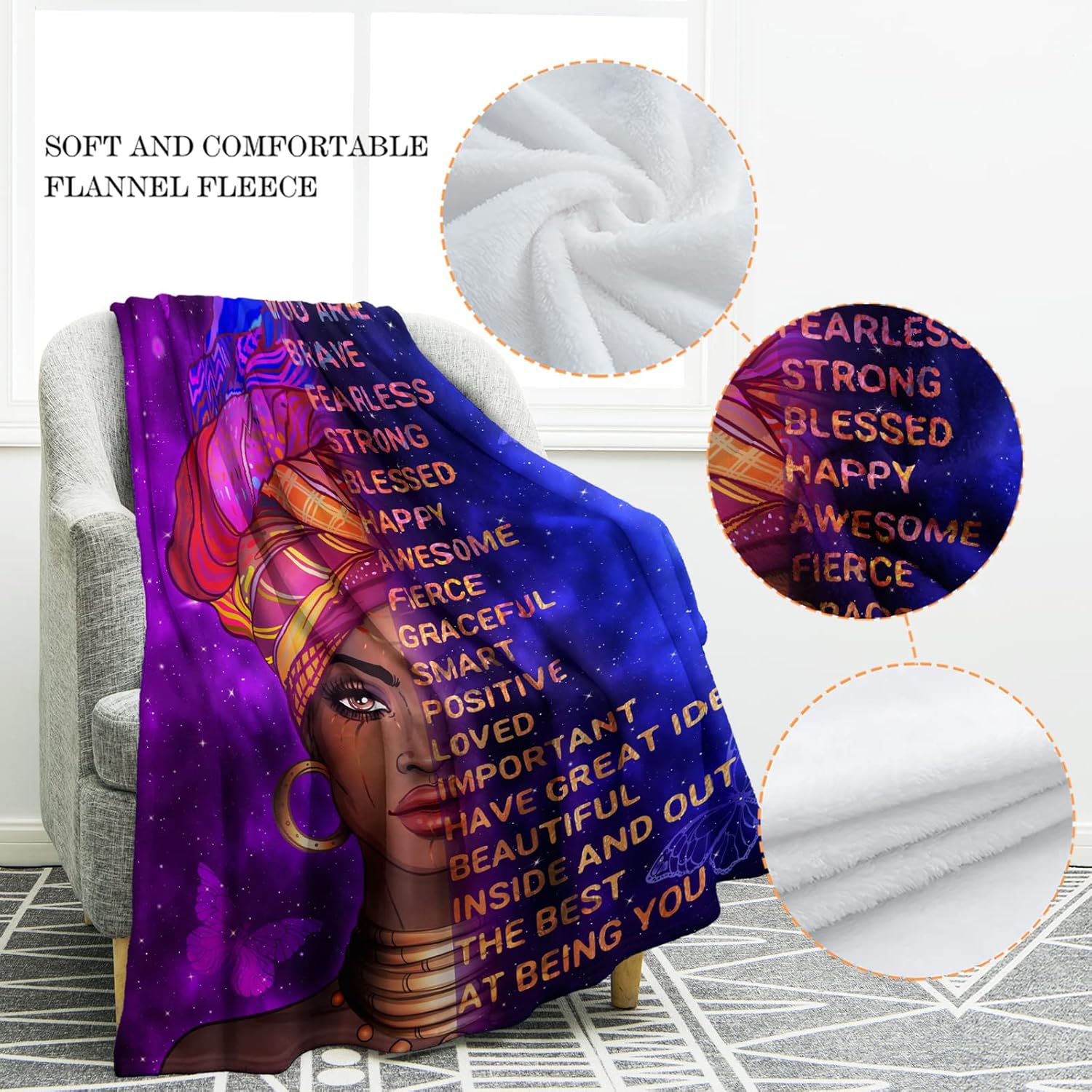 Jekeno African American Black Girl Lady Blanket Birthday for Women Kids Inspiring Positive Quotes Purple Presents Home Bedroom Decor Soft Cozy Plush Throw Blankets Colorful 50"x60" - Image 3
