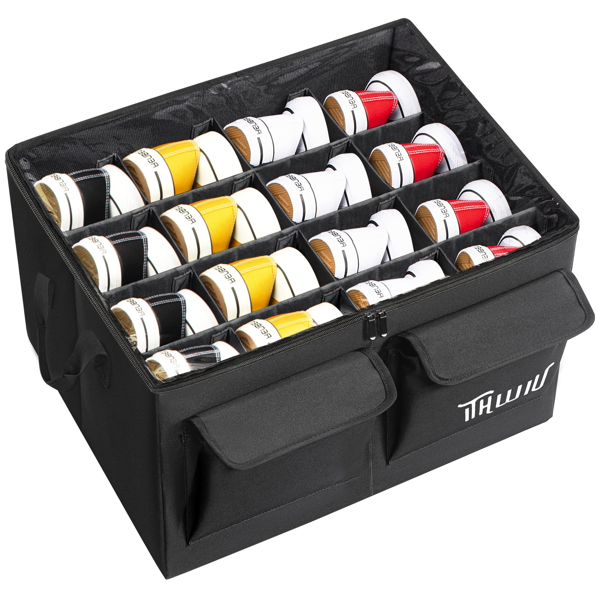 Shoe Storage Organizer for 16 Pairs of Shoes with Transparent Cover & Adjustable Dividers for Shoes, Blankets, Handbags, Linen, Clothing, Black