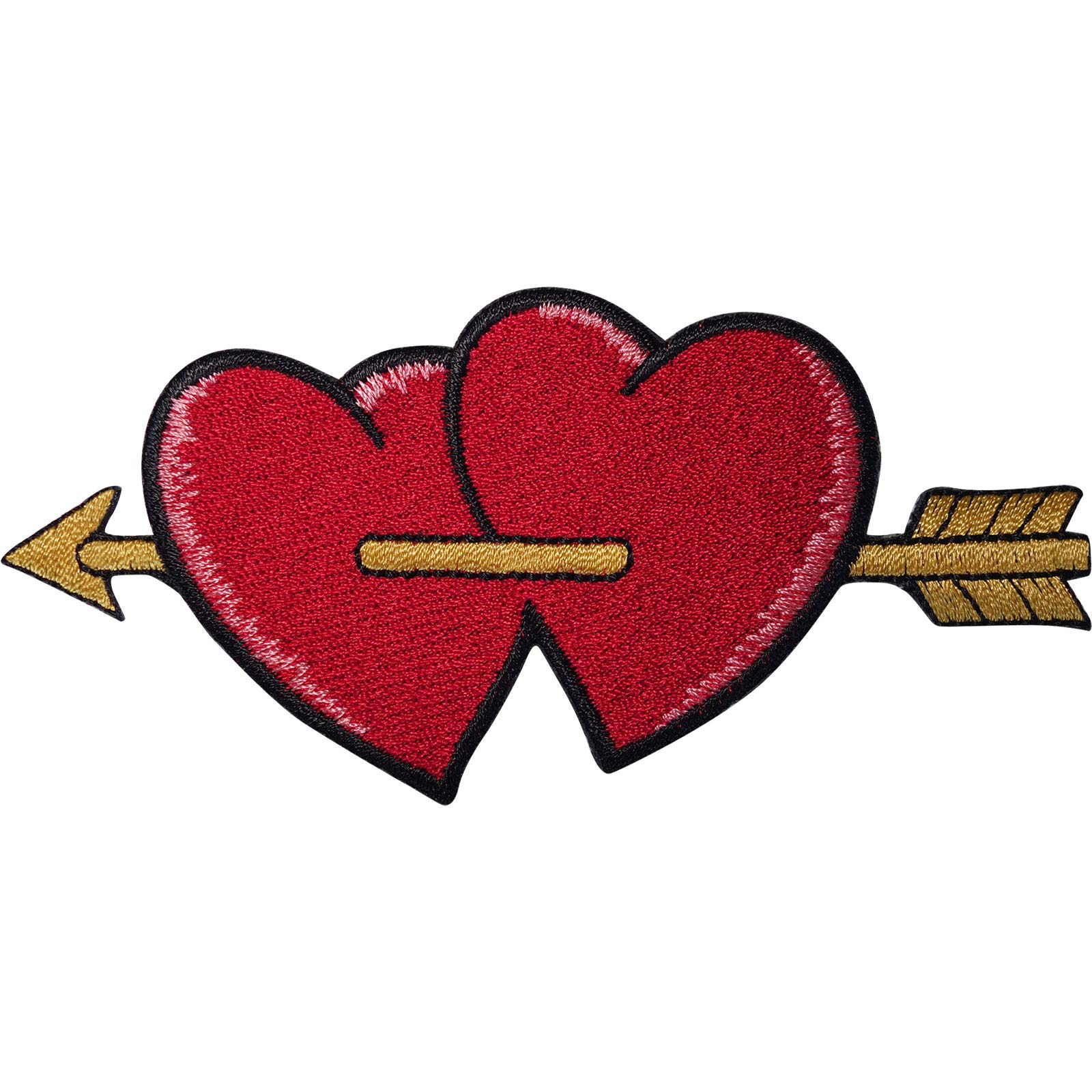 ELLU Cupid Arrow Patch Gold Red Love Hearts Iron On Sew On Embroidered Badge Applique