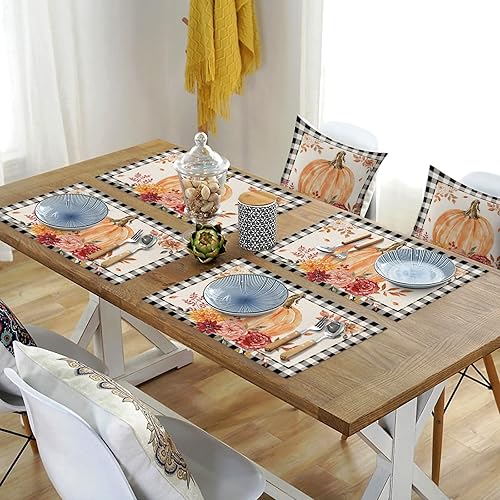 Miniatura 4 de Juego de 6 manteles individuales de calabaza de Acción de Gracias, diseño de calabaza de acuarela de otoño con flores, búfalo negro, a cuadros,