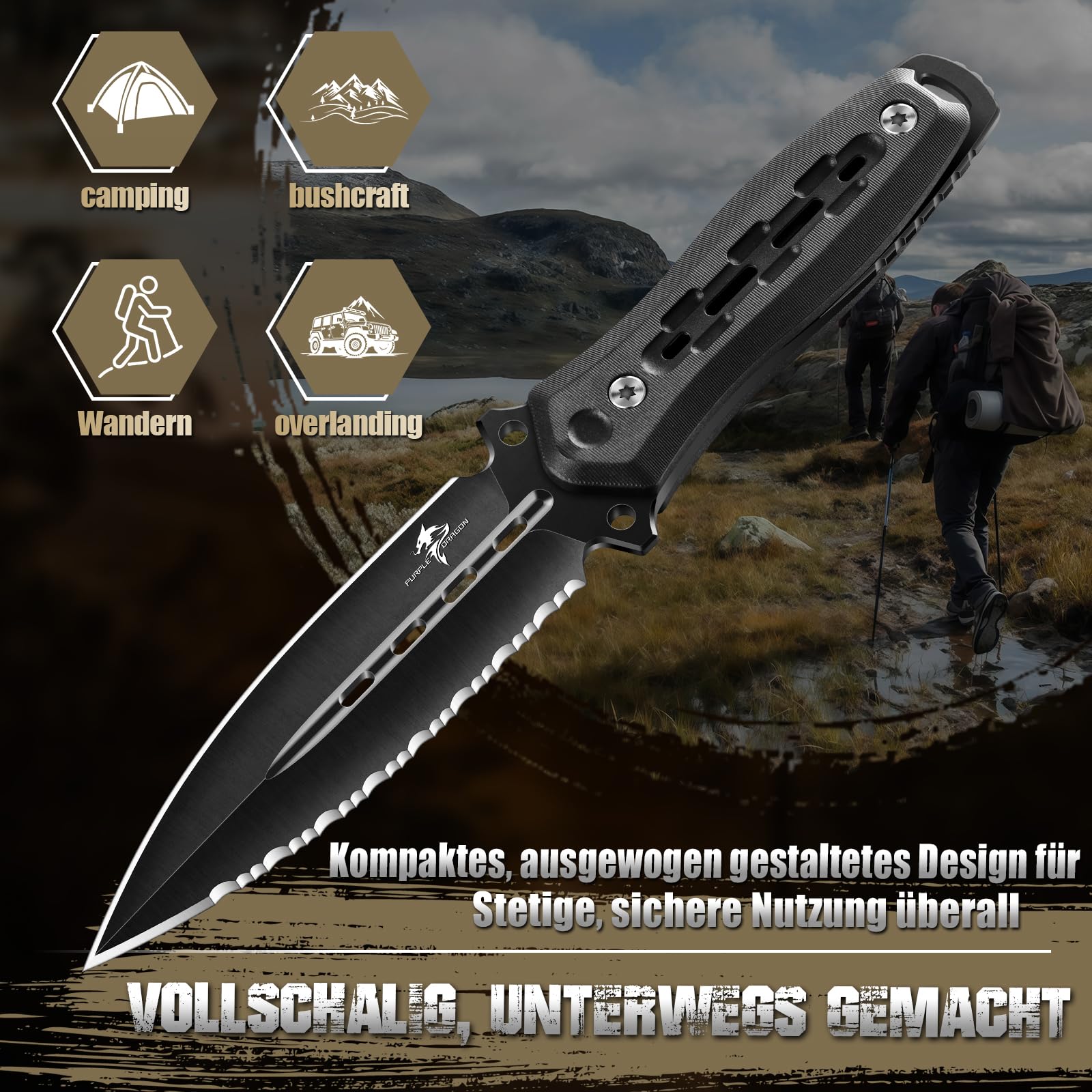 Purple Dragon Survival Messer mit Scheide - Jagdmesser Schwarz mit Feststehende Klinge - Outdoor Messer für Camping Jagd Wandern Abenteuer - Geschenk für Männer
