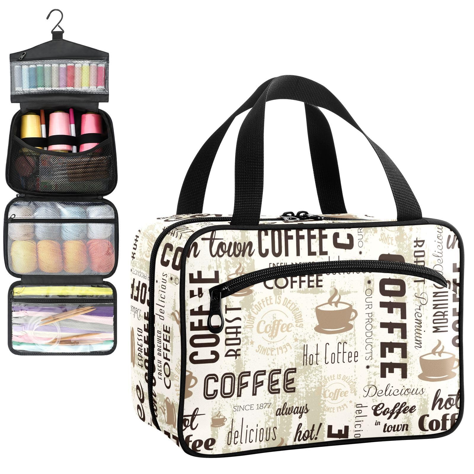 YNNALE Sewing Supply Organizer Bag, Rustic Coffee Retro Coffee Themed Portable Sewing Bags with Pockets&Hanger, Sewing Storage Box Case for Sew Supplies/Kit/Tools/Accessories (BAG ONLY)