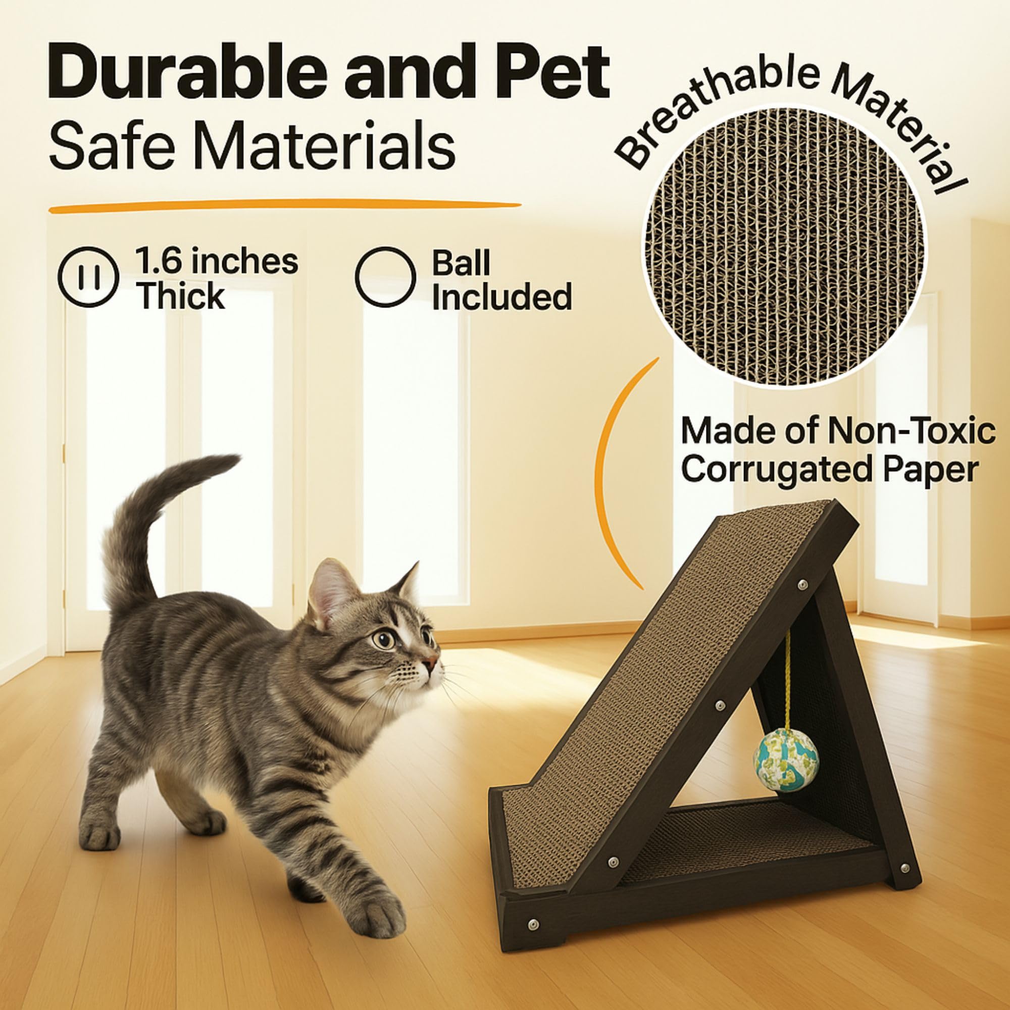Cat Scratching Pads for Indoor Cats, Triangle Cat Scratcher with Interactive Ball - Cat Scratching Post, 17.3