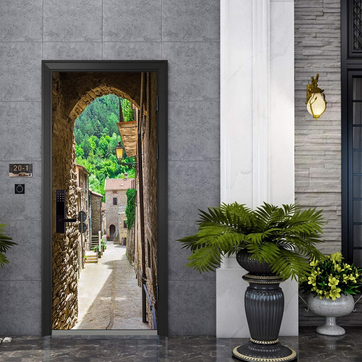 A.Monamour 3D Door Stickers for Interior Doors Ancient Italian Tuscan Town Street Scene Stone Arch Narrow Alley Vinyl Waterproof Self Adhesive Door Mural Decals for Bedroom Office Bathroom 90 x 200 cm