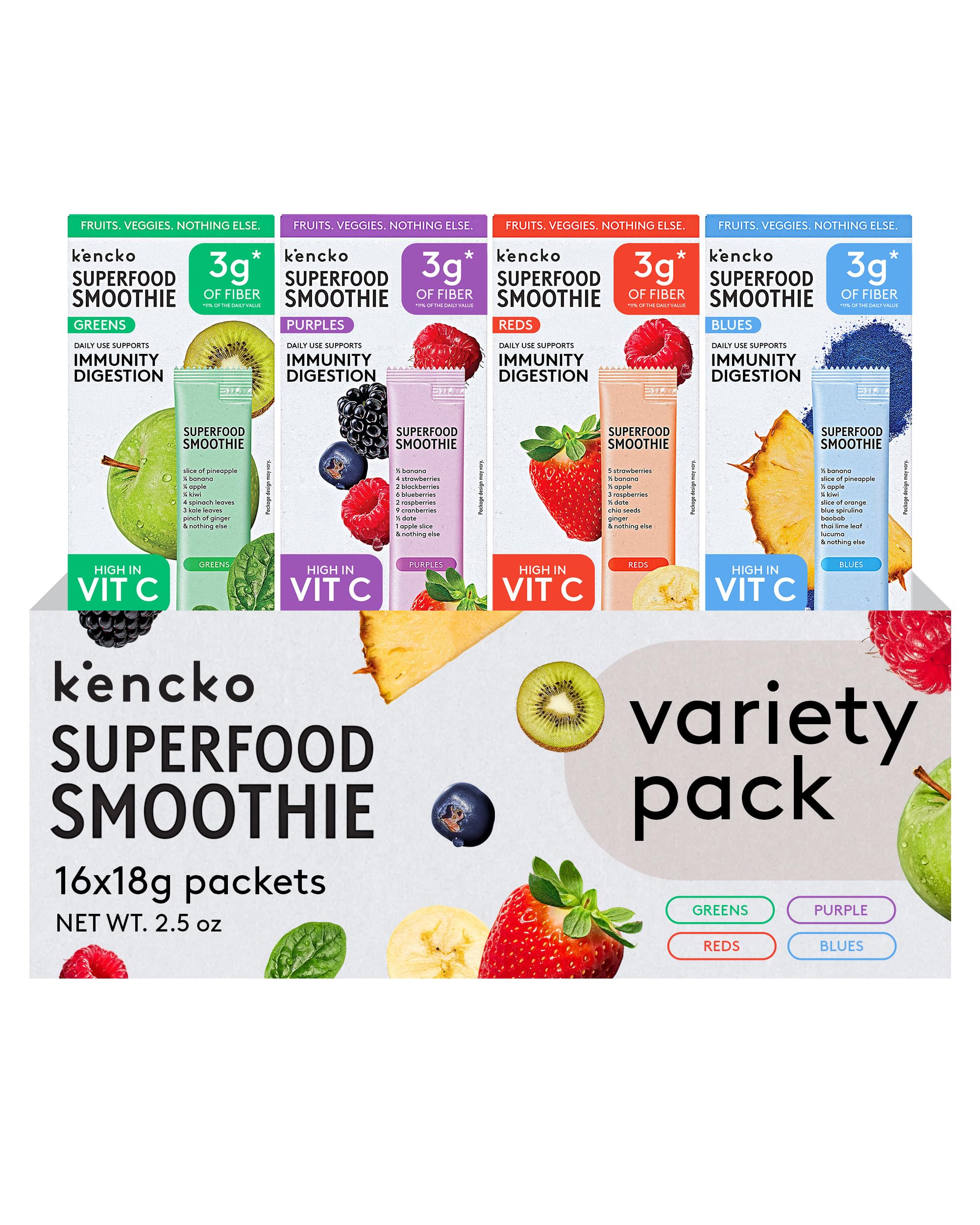 Kencko kit smoothie instantané en poudre | mélange superfood fruits & légumes lyophilisés | boisson vegan, sans produits laitiers, sans sucre ajouté | 16 sachets, 4 saveurs